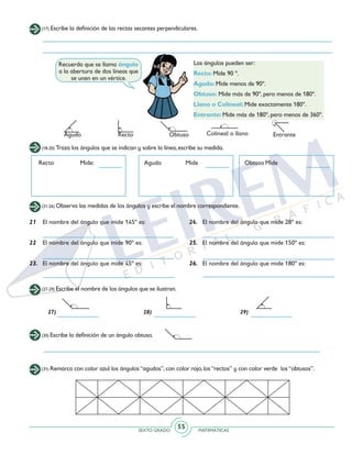 SEXTO GRADO MATEMÁTICAS
55
(17) Escribe la definición de las rectas secantes perpendiculares.
Los ángulos pueden ser:
Recto: Mide 90 º.
Agudo: Mide menos de 90º.
Obtuso: Mide más de 90º, pero menos de 180º.
Llano o Colineal: Mide exactamente 180º.
Entrante: Mide más de 180º, pero menos de 360º.
Recuerda que se llama ángulo
a la abertura de dos líneas que
se unen en un vértice.
Recto EntranteAgudo Obtuso Colineal o llano
(18-20) Traza los ángulos que se indican y sobre la línea,escribe su medida.
(21-26) Observa las medidas de los ángulos y escribe el nombre correspondiente.
21	 El nombre del ángulo que mide 145º es:
22	 El nombre del ángulo que mide 90º es:
23.	 El nombre del ángulo que mide 45º es:
24.	 El nombre del ángulo que mide 28º es:
25.	 El nombre del ángulo que mide 150º es:
26.	 El nombre del ángulo que mide 180º es:
Recto 		 Mide: Agudo		 Mide Obtuso	Mide
(27-29) Escribe el nombre de los ángulos que se ilustran.
27) 28) 29)
(30) Escribe la definición de un ángulo obtuso.
(31) Remarca con color azul los ángulos“agudos”,con color rojo,los“rectos” y con color verde los“obtusos”.
 