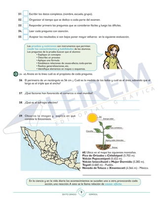 SEXTO GRADO ESPAÑOL
9
51. 	 Escribir los datos completos. (nombre, escuela, grupo).
52. 	 Organizar el tiempo que se dedica a cada parte del examen.
53. 	 Responder primero las preguntas que se consideran fáciles y luego las difíciles.
54. 	 Leer cada pregunta con atención.
55. 	 Aceptar los resultados; si son bajos poner mayor esfuerzo en la siguiente evaluación.
(56 - 60) Anota en la línea cuál es el propósito de cada pregunta.
Las pruebas y exámenes son instrumentos que permiten
medir los conocimientos y habilidades de los alumnos.
Las preguntas de la prueba buscan que el alumno:
	 • Explique un concepto
	 • Describa un proceso
	 • Aplique una fórmula
	 • Establezca relaciones de causa-efecto, todo-partes
	 • Realice generalizaciones, etc.
	 • Identifique elementos en mapas o esquemas.
56. 	 El perímetro de un rectángulo es 56 cm. ¿ Cuál es la medida de los lados y cuál es el área, sabiendo que el
largo es el triple que el ancho?
	__________________________________________________
57. 	 ¿Qué factores han favorecido el comercio a nivel mundial?
	 _________________________________________________________________________________
58. 	 ¿Qué es el sufragio efectivo?
	 _________________________________________________________________________________
60. Ubica en el mapa las siguientes montañas.
Pico de Orizaba o Citlaltépetl (5.702 m).
Volcán Popocatépetl (5.452 m).
Volcán Iztaccíhuatl o Mujer Dormida (5.282 m).
Teyotl (4.660 m) - Puebla.
Nevado deToluca o Xinantecatl (4.564 m) - México.
59. 	 Observa la imagen y explica en qué 	
consiste la fotosíntesis.
	 _______________________________________
En la ciencia y en la vida diaria los acontecimientos se suceden uno a otro, provocando cada
acción, una reacción.A esto se le llama relación de causa- efecto.
 