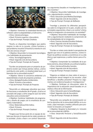 30
• Objetivo: Fomentar la creatividad literaria y la
reflexión sobre la adaptabilidad y el altruismo.
• Área: Literatura/Lengua.
• Nivel: Primaria superior a Secundaria.
• Tipo de Prompt: Prompts Creativos
“Diseña un dispositivo tecnológico que podría
mejorar la vida en tu escuela. ¿Cómo funciona y
qué problema resuelve? Presenta tu invento en una
‘feria de ciencias virtual’.”
• Objetivo: Desarrollar la innovación tecnológica
y las habilidades de presentación.
• Área: Tecnología/Ingeniería.
• Nivel: Segundo ciclo de Secundaria.
• Tipo de Prompt: Prompts de Proyecto
“Escribe una propuesta para un proyecto de jar-
dinería escolar que incluya plantas nativas. ¿Cómo
contribuiría este jardín a la biodiversidad local y al
bienestar de la comunidad escolar?”
• Objetivo: Valorar la conciencia ambiental y la
sostenibilidad a través de proyectos prácticos.
• Área: Biología/Estudios Ambientales.
• Nivel: Primaria a Secundaria.
• Tipo de Prompt: Prompts de Proyecto
“Desarrolla un videojuego educativo que ense-
ñe fracciones a estudiantes de 4º grado. ¿Cuál es el
concepto del juego y cómo aseguras que sea tanto
educativo como entretenido?”
• Objetivo: Combinar habilidades de programa-
ción y diseño de juegos con la enseñanza de con-
ceptos matemáticos.
• Área: Matemáticas/Informática.
• Nivel: Primaria.
• Tipo de Prompt: Prompts Creativos
“Imagina que formas parte de un equipo de de-
bate que discute el impacto de las redes sociales en
la sociedad. ¿Estás a favor o en contra? Desarrolla
tus argumentos basados en investigaciones y estu-
dios recientes.”
• Objetivo: Desarrollar habilidades de investiga-
ción, argumentación y oratoria.
• Área: Educación para Medios/Sociología.
• Nivel: Segundo ciclo de Secundaria.
• Tipo de Prompt: Prompts de Reflexión
“Investiga y presenta las diferentes perspecti-
vas sobre la inmigración en tu país. ¿Cuáles son los
principales argumentos a favor y en contra? ¿Cómo
afecta la inmigración a la economía y la sociedad?”
• Objetivo: Desarrollar habilidades de investiga-
ción y argumentación mediante la comprensión de
las complejidades de la inmigración.
• Área: Ciencias Sociales/Estudios Globales.
• Nivel: Segundo ciclo de Secundaria.
• Tipo de Prompt: Prompts de Investigación
“Escribe un relato corto desde la perspectiva de
alguien que vive en la pobreza extrema. ¿Cómo in-
fluyen las políticas sociales y económicas en su vida
diaria y qué esperanzas y sueños tienen para el fu-
turo?”
• Objetivo: Comprender las realidades de la po-
breza extrema, desarrollando una actitud empática.
• Área: Literatura/Estudios Sociales.
• Nivel: Segundo ciclo de Secundaria.
• Tipo de Prompt: Prompts Creativos
“Organiza un debate en clase sobre el acceso a
la educación sexual integral en las escuelas. ¿Qué
beneficios y desafíos presenta? Prepara tus argu-
mentos con evidencia basada en investigaciones.”
• Objetivo: Participar en discusiones sobre la
importancia de la educación sexual basadas en un
análisis crítico de la información.
• Área: Educación para la Salud/Biología.
• Nivel: Segundo ciclo de Secundaria.
• Tipo de Prompt: Prompts de Debate
“Desarrolla una campaña de concienciación so-
bre los derechos de la comunidad LGBTQ+ en tu es-
cuela. ¿Qué mensajes y medios utilizarás para pro-
mover la inclusión y el respeto?”
• Objetivo: Respetar la diversidad y la inclusión
de la comunidad del LGBTQ+.
• Área: Desarrollo Personal y Social/Educación
Cívica.
• Nivel: Segundo ciclo de Secundaria.
 