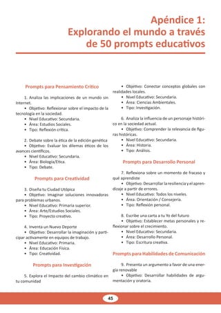 45
Apéndice 1:
Explorando el mundo a través
de 50 prompts educativos
Prompts para Pensamiento Crítico
1. Analiza las implicaciones de un mundo sin
Internet.
• Objetivo: Reflexionar sobre el impacto de la
tecnología en la sociedad.
• Nivel Educativo: Secundaria.
• Área: Estudios Sociales.
• Tipo: Reflexión crítica.
2. Debate sobre la ética de la edición genética
• Objetivo: Evaluar los dilemas éticos de los
avances científicos.
• Nivel Educativo: Secundaria.
• Área: Biología/Etica.
• Tipo: Debate.
Prompts para Creatividad
3. Diseña tu Ciudad Utópica
• Objetivo: Imaginar soluciones innovadoras
para problemas urbanos.
• Nivel Educativo: Primaria superior.
• Área: Arte/Estudios Sociales.
• Tipo: Proyecto creativo.
4. Inventa un Nuevo Deporte
• Objetivo: Desarrollar la imaginación y parti-
cipar activamente en equipos de trabajo.
• Nivel Educativo: Primaria.
• Área: Educación Física.
• Tipo: Creatividad.
Prompts para Investigación
5. Explora el Impacto del cambio climático en
tu comunidad
• Objetivo: Conectar conceptos globales con
realidades locales.
• Nivel Educativo: Secundaria.
• Área: Ciencias Ambientales.
• Tipo: Investigación.
6. Analiza la influencia de un personaje históri-
co en la sociedad actual.
• Objetivo: Comprender la relevancia de figu-
ras históricas.
• Nivel Educativo: Secundaria.
• Área: Historia.
• Tipo: Análisis.
Prompts para Desarrollo Personal
7. Reflexiona sobre un momento de fracaso y
qué aprendiste
• Objetivo: Desarrollar la resiliencia y el apren-
dizaje a partir de errores.
• Nivel Educativo: Todos los niveles.
• Área: Orientación / Consejería.
• Tipo: Reflexión personal.
8. Escribe una carta a tu Yo del futuro
• Objetivo: Establecer metas personales y re-
flexionar sobre el crecimiento.
• Nivel Educativo: Secundaria.
• Área: Desarrollo Personal.
• Tipo: Escritura creativa.
Prompts para Habilidades de Comunicación
9. Presenta un argumento a favor de una ener-
gía renovable
• Objetivo: Desarrollar habilidades de argu-
mentación y oratoria.
 