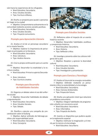 47
sión hacia las experiencias de los refugiados.
• Nivel Educativo: Secundaria.
• Área: Estudios Sociales.
• Tipo: Escritura reflexiva.
20. Diseña un proyecto para ayudar a personas
sin hogar en tu ciudad
• Objetivo: Comprometerse activamente en la
comunidad mediante acciones sociales positivas.
• Nivel Educativo: Secundaria.
• Área: Estudios Sociales.
• Tipo: Proyecto comunitario.
Prompts para Apreciación Literaria
21. Analiza el rol de un personaje secundario
en tu novela favorita
• Objetivo: Explorar la importancia de perso-
najes no principales en la literatura.
• Nivel Educativo: Secundaria.
• Área: Literatura.
• Tipo: Análisis literario.
22. Crea tu propia continuación para un cuento
clásico
• Objetivo: Desarrollar la creatividad y la es-
critura creativa.
• Nivel Educativo: Primaria superior/Secunda-
ria.
• Área: Literatura.
• Tipo: Escritura creativa.
Prompts para Desarrollo
de Habilidades Sociales
23. Organiza un debate sobre el uso del unifor-
me escolar
• Objetivo: Desarrollar habilidades de debate
y argumentación.
• Nivel Educativo: Secundaria.
• Área: Estudios Sociales.
• Tipo: Debate.
24. Planifica y ejecuta una campaña de con-
cientización sobre el bullying
• Objetivo: Aplicar actitudes de liderazgo po-
sitivo y de responsabilidad social.
• Nivel Educativo: Secundaria.
• Área: Consejería
Prompts para Estudios Sociales
25. Reflexiona sobre el impacto de un evento
histórico reciente
• Objetivo: Desarrollar habilidades analíticas
y comprensión histórica.
• Nivel Educativo: Secundaria.
• Área: Historia.
• Tipo: Reflexión crítica.
26. Investiga y presenta sobre las culturas indí-
genas de tu país
• Objetivo: Respetar y apreciar la diversidad
cultural.
• Nivel Educativo: Secundaria.
• Área: Estudios Sociales.
• Tipo: Investigación y presentación.
Prompts para Ciencias y Tecnología
27. Predice el futuro de las energías renovables
• Objetivo: Defender mediante un pensa-
miento crítico la sostenibilidad y la tecnología.
• Nivel Educativo: Secundaria.
• Área: Ciencias Ambientales.
• Tipo: Proyección futura.
28. Diseña una aplicación móvil que solucione
un problema comunitario
• Objetivo: Integrar habilidades de programa-
ción y diseño con conciencia social.
• Nivel Educativo: Secundaria.
• Área: Informática.
• Tipo: Proyecto de diseño.
29. Inventa un dispositivo que pudiera ayudar
en la exploración espacial
• Objetivo: Estimular la imaginación y el inte-
rés por la ciencia y la tecnología.
• Nivel Educativo: Secundaria.
 