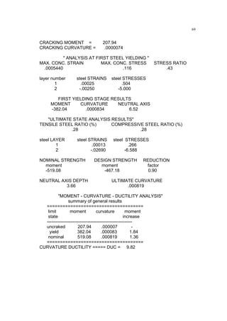 69
CRACKING MOMENT = 207.94
CRACKING CURVATURE = .0000074
" ANALYSIS AT FIRST STEEL YIELDING "
MAX. CONC. STRAIN MAX. CONC. STRESS STRESS RATIO
.0005440 .116 .43
layer number steel STRAINS steel STRESSES
1 .00025 .504
2 -.00250 -5.000
FIRST YIELDING STAGE RESULTS
MOMENT CURVATURE NEUTRAL AXIS
-382.04 .0000834 6.52
"ULTIMATE STATE ANALYSIS RESULTS"
TENSILE STEEL RATIO (%) COMPRESSIVE STEEL RATIO (%)
.28 .28
steel LAYER steel STRAINS steel STRESSES
1 .00013 .266
2 -.02690 -6.588
NOMINAL STRENGTH DESIGN STRENGTH REDUCTION
moment moment factor
-519.08 -467.18 0.90
NEUTRAL AXIS DEPTH ULTIMATE CURVATURE
3.66 .000819
"MOMENT - CURVATURE - DUCTILITY ANALYSIS"
summary of general results
=====================================
limit moment curvature moment
state increase
---------------------------------------------------------
uncraked 207.94 .000007 -
yield 382.04 .000083 1.84
nominal 519.08 .000819 1.36
=====================================
CURVATURE DUCTILITY ===== DUC = 9.82
 