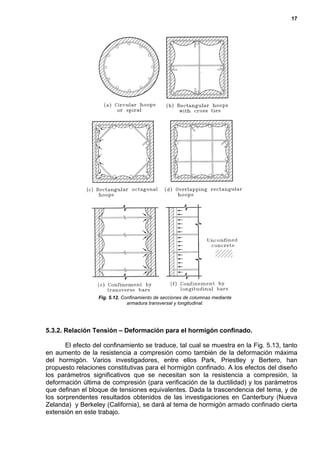 17
5.3.2. Relación Tensión – Deformación para el hormigón confinado.
El efecto del confinamiento se traduce, tal cual se muestra en la Fig. 5.13, tanto
en aumento de la resistencia a compresión como también de la deformación máxima
del hormigón. Varios investigadores, entre ellos Park, Priestley y Bertero, han
propuesto relaciones constitutivas para el hormigón confinado. A los efectos del diseño
los parámetros significativos que se necesitan son la resistencia a compresión, la
deformación última de compresión (para verificación de la ductilidad) y los parámetros
que definan el bloque de tensiones equivalentes. Dada la trascendencia del tema, y de
los sorprendentes resultados obtenidos de las investigaciones en Canterbury (Nueva
Zelanda) y Berkeley (California), se dará al tema de hormigón armado confinado cierta
extensión en este trabajo.
Fig. 5.12. Confinamiento de secciones de columnas mediante
armadura transversal y longitudinal.
 