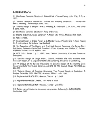 61
5.10 BIBLIOGRAFÍA
[1] “Reinforced Concrete Structures”. Robert Park y Tomas Paulay. John Wiley & Sons.
1975.
[2] “Seismic Design of Reinforced Concrete and Masonry Structures”. T. Paulay and
M.N.J. Priestley. John Wiley & Sons. 1992.
[3] “Seismic Design of Bridges”. M.N.J. Priestley, F. Seible and G. M. Calvi. John Wiley
& Sons. 1996.
[4] “Reinforced Concrete Structures”. Kong and Evans.
[5] “Diseño de Estructuras de Concreto“. A. Nilson y G. Winter. Mc Graw-Hill. 1994.
[6] ACI-318-1995.
[7] “Seismic Design of Bridge Piers“. J. B. Mander, M.N.J. Priestley and R. Park. Report
84-2. University of Canterbury. New Zealand.
[8] “An Evaluation of The Design and Analytical Seismic Response of a Seven Story
Reinforced Concrete Frame-Wall Structure“. Finley Charney and Vitelmo V. Bertero.
Report UCB-EERC-82/08. Agosto 1982.
[9] NZS 3101: Partes 1 y 2. 1995. New Zealand Standards. Concrete Structures
Standards.
[10] “Seismic Design of Bridge Piers”. Mander, Priestley and Park. Febrero 1984.
Research Report. 84-2. Department of Civil Engineering. University of Canterbury.
[11] “A critique of the Special Provisions for Seismic Design of the Building Code
Requirements for Reinforced Concrete. ACI-318-83. ACI Journal, Marzo-Abril 1986. pp
274-283.
[12] “Seismic Design of Concrete Structures. The Present Needs of Societies”. T.
Paulay. Paper No. 2001. 11WCEE. Acapulco, México. Julio 1996.
[13] Reglamento CIRSOC 201 y Anexos. Tomos 1 y 2. 2005.
[14] Reglamento INPRES-CIRSOC 103. Parte II. 2005.
[15] Reglamento CIRSOC 101 y Anexos. Tomos 1 y 2. 2005.
[16] Tablas para el diseño de elementos estructurales de hormigón. INTI-CIRSOC-
Noviembre 2002.
 