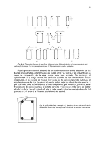 44
Fig. 6.38 Diferentes formas de estribos. (a) incorrecta. (b) insuficiente. (c) no conveniente. (d)
aplicación limitada. (e) formas satisfactorias. (f) fabricados con mallas soldadas
Podría pensarse que el extremo de un estribo que no se doble alrededor de las
barras longitudinales en la forma que se indica en la Fig. 6.38.e, y se encuentra en la
zona de compresión de la viga, puede estar bien anclado. Sin embargo, al
aproximarse a la carga última, en particular cuando se han desarrollado fisuras
diagonales, el eje neutro se mueve muy cerca de la cara comprimida. Además, el
recubrimiento de la viga (o columna) puede saltar, dejando al estribo sin soporte, y
por otro lado, ante acción sísmica el lado comprimido, por reversión, pasará a estar
traccionado. En consecuencia, el detalle correcto (y que no es más caro) es doblar
alrededor de la barra longitudinal, atar y dejar una longitud de anclaje después del
gancho a 135o
entre 8 a 10 veces el diámetro del estribo.
Fig. 6.39 Posible falla causada por longitud de anclaje insuficiente
del estribo dentro del hormigón del núcleo de la sección transversal
 