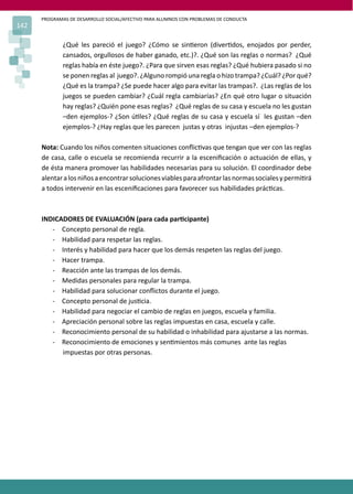 PROGRAMAS DE DESARROLLO SOCIAL/AFECTIVO PARA ALUMNOS CON PROBLEMAS DE CONDUCTA
142
¿Qué les pareció el juego? ¿Cómo se sin�eron (diver�dos, enojados por perder,
cansados, orgullosos de haber ganado, etc.)?. ¿Qué son las reglas o normas? ¿Qué
reglas había en éste juego?. ¿Para que sirven esas reglas? ¿Qué hubiera pasado si no
se ponen reglas al juego?. ¿Alguno rompió una regla o hizo trampa? ¿Cuál? ¿Por qué?
¿Qué es la trampa? ¿Se puede hacer algo para evitar las trampas?. ¿Las reglas de los
juegos se pueden cambiar? ¿Cuál regla cambiarías? ¿En qué otro lugar o situación
hay reglas? ¿Quién pone esas reglas? ¿Qué reglas de su casa y escuela no les gustan
–den ejemplos-? ¿Son ú�les? ¿Qué reglas de su casa y escuela sí les gustan –den
ejemplos-? ¿Hay reglas que les parecen justas y otras injustas –den ejemplos-?
Nota: Cuando los niños comenten situaciones conﬂic�vas que tengan que ver con las reglas
de casa, calle o escuela se recomienda recurrir a la esceniﬁcación o actuación de ellas, y
de ésta manera promover las habilidades necesarias para su solución. El coordinador debe
alentaralosniñosaencontrarsolucionesviablesparaafrontarlasnormassocialesypermi�rá
a todos intervenir en las esceniﬁcaciones para favorecer sus habilidades prác�cas.
INDICADORES DE EVALUACIÓN (para cada par�cipante)
- Concepto personal de regla.
- Habilidad para respetar las reglas.
- Interés y habilidad para hacer que los demás respeten las reglas del juego.
- Hacer trampa.
- Reacción ante las trampas de los demás.
- Medidas personales para regular la trampa.
- Habilidad para solucionar conﬂictos durante el juego.
- Concepto personal de jus�cia.
- Habilidad para negociar el cambio de reglas en juegos, escuela y familia.
- Apreciación personal sobre las reglas impuestas en casa, escuela y calle.
- Reconocimiento personal de su habilidad o inhabilidad para ajustarse a las normas.
- Reconocimiento de emociones y sen�mientos más comunes ante las reglas
impuestas por otras personas.
 