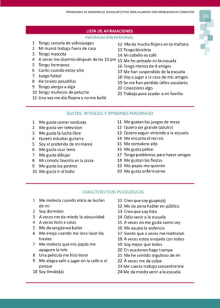 PROGRAMAS DE DESARROLLO SOCIAL/AFECTIVO PARA ALUMNOS CON PROBLEMAS DE CONDUCTA
165
LISTA DE AFIRMACIONES
INFORMACIÓN PERSONAL
1 Tengo consola de videojuegos
2 Mi mamá trabaja fuera de casa
3 Tengo mascota
4 A veces me duermo después de las 10 pm
5 Tengo hermanos
6 Canto cuando estoy sólo
7 Juego futbol
8 He tenido pesadillas
9 Tengo alergia a algo
10 Tengo muñecos de peluche
11 Una vez me dio ﬂojera y no me bañé
GUSTOS, INTERESES Y OPINIONES PERSONALES
12 Me da mucha ﬂojera en la mañana
13 Tengo bicicleta
14 Mi cabello es café
15 Me he peleado en la escuela
16 Tengo menos de 4 amigos
17 Me han suspendido de la escuela
18 Voy a jugar a la casa de mis amigos
19 Se me han perdido ú�les escolares
20 Colecciono algo
21 Trabajo para ayudar a mi familia
1 Me gusta comer verduras
2 Me gusta ver televisión
3 Me gusta la lucha libre
4 Quiero estudiar guitarra
5 Soy el preferido de mi mamá
6 Me gusta usar tenis
7 Me gusta dibujar
8 Mi comida favorita es la pizza
9 Me gusta los postres
10 Me gusta ir al baño
11 Me gustan los juegos de mesa
12 Quiero ser grande (adulto)
13 Quiero seguir viniendo a la escuela
14 Me encanta el recreo
15 Me considero alto
16 Me gusta pelear
17 Tengo problemas para hacer amigos
18 Me gustan las ﬁestas
19 Mis papás me quieren
20 Me gusta enfermarme
CARACTERÍSTICAS PSICOLÓGICAS
1 Me molesta cuando otros se burlan
de mi
2 Soy dormilón
3 A veces me da miedo la obscuridad
4 A veces lloro a solas
5 Me da vergüenza bailar
6 Me enojo cuando me toca lavar los
trastes
7 Me molesta que mis papás me
apaguen la tele
8 Una película me hizo llorar
9 Me alegra salir a jugar en la calle o el
parque
10 Soy �mido(a)
11 Creo que soy guapo(a)
12 Me da pena hablar en público
13 Creo que soy listo
14 Odio venir a la escuela
15 A veces no me gusta como soy
16 Me asusta la violencia
17 Siento que a veces me maltratan
18 A veces estoy enojado con todos
19 Soy mejor que todos
20 En ocasiones hago trampa
21 Me he sen�do orgulloso de mí
22 A veces me da culpa
23 Me cuesta trabajo concentrarme
24 Me da miedo venir a la escuela
 