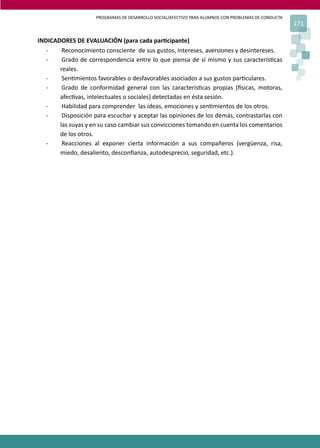 PROGRAMAS DE DESARROLLO SOCIAL/AFECTIVO PARA ALUMNOS CON PROBLEMAS DE CONDUCTA
171
INDICADORES DE EVALUACIÓN (para cada par�cipante)
- Reconocimiento consciente de sus gustos, intereses, aversiones y desintereses.
- Grado de correspondencia entre lo que piensa de sí mismo y sus caracterís�cas
reales.
- Sen�mientos favorables o desfavorables asociados a sus gustos par�culares.
- Grado de conformidad general con las caracterís�cas propias (�sicas, motoras,
afec�vas, intelectuales o sociales) detectadas en ésta sesión.
- Habilidad para comprender las ideas, emociones y sen�mientos de los otros.
- Disposición para escuchar y aceptar las opiniones de los demás, contrastarlas con
las suyas y en su caso cambiar sus convicciones tomando en cuenta los comentarios
de los otros.
- Reacciones al exponer cierta información a sus compañeros (vergüenza, risa,
miedo, desaliento, desconﬁanza, autodesprecio, seguridad, etc.).
 