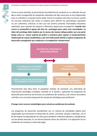 PROGRAMAS DE DESARROLLO SOCIAL/AFECTIVO PARA ALUMNOS CON PROBLEMAS DE CONDUCTA
18
Como se viene diciendo, la presentación de problemas de conducta es un indicador de que
no se están consiguiendo los propósitos educa�vos de �po social que se han programado
para un individuo o un grupo escolar dado. Como en cualquier otra área curricular, cuando
los recursos ordinarios que u�liza el maestro para obtener los aprendizajes esperados
no son suﬁcientes, entonces se dice que ése alumno presenta necesidades educa�vas
especiales, pues requiere de mayores o diferentes apoyos para conseguirlos. Cuando esto
ocurre es primordial el apoyo del área de psicología para cubrir esas necesidades. La
labor del psicólogo debe implicar por lo menos dos tareas indispensables: por una parte
fungir como un asesor experto de padres y maestros para regular el comportamiento
inadecuado de eso(s) estudiante(s), y por otro lado puede diseñar y aplicar programas de
desarrollo socioafec�vo que coadyuven a la adaptación interpersonal.
Precisamente ésta obra �ene el propósito medular de presentar una alterna�va de
intervención psicológica completa, centrada en el diseño y aplicación de programas de
desarrollo para alumnos de primaria con problemas de conducta, y de manera secundaria
contribuir con una breve propuesta de manejo de estrategias para profesores.
El juego como recurso metodológico para solucionar problemas de conducta
Los programas de desarrollo socioafec�vo son un sistema de ac�vidades lúdicas bien
organizadas que promueven el desarrollo de ciertas funciones sociales y afec�vas, con el
ﬁn de mejorar la capacidad de los niños para establecer relaciones efec�vas y sa�sfactorias
con las demás personas. Es una forma bastante eﬁcaz de contribuir a la regulación de los
problemas de conducta a través del juego.
ACCIONES DEL PSICÓLOGO DE
EDUCACIÓN ESPECIAL
1. ALUMNOS(S) QUE PRESENTA
PROBLEMAS DE CONDUCTA
2. CONTEXTO
FAMILIAR/ESCOLAR
DISEÑO Y APLICACIÓN DE PROGRAMAS
DE DESARROLLO SOCIAL/AFECTIVO
ASESORAMIENTO ESPECIALIZADO
A PADRES, PROFESORES Y
COMPAÑEROS DEL ALUMNO
 