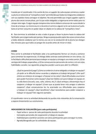 PROGRAMAS DE DESARROLLO SOCIAL/AFECTIVO PARA ALUMNOS CON PROBLEMAS DE CONDUCTA
224
trazada por el coordinador. A la cuente de tres un jugador de cada equipo comienza a soplar
suplumaendirecciónal“compañerometa”permi�endoquetodoslosintegrantescolaboren
con sus soplidos hasta conseguir el obje�vo. No está permi�do que ningún jugador sople la
pluma dos veces consecu�vas, por lo que están obligados a organizarse entre todos para no
romper ésta regla. Si algún equipo rompiera ésta norma deberá comenzar de nuevo desde la
línea de arranque. Lo mismo ocurre si durante el camino a alguien se le cae la pluma al suelo.
Gana el primer conjunto en poder dejar en objeto en la cabeza de “compañero meta”.
4. Para terminar la ac�vidad se reta a todo el grupo a llevar la pluma hasta la cabeza del
facilitador,peroorganizadosporparejas.Ningunaparejapuedesoplardosvecesconsecu�vas
y todas deberán colaborar por lo menos una vez en la conducción de la pluma (se otorgan
dos minutos para que todos se pongan de acuerdo antes de iniciar el reto).
CIERRE
Para cerrar la ac�vidad el facilitador pide a los par�cipantes formar un círculo y sentarse
para comentar las experiencias. El diálogo debe centrase esencialmente en tres temas: (1)
la facilidad o diﬁcultad personal para trabajar en equipo y conseguir una meta común, (2) las
ventajas del trabajo coopera�vo, y (3) las consecuencias personales de contar o nó con estas
habilidades sociales. Las siguientes preguntas pueden usarse para abrir la reﬂexión:
¿Qué les pareció el juego? ¿Cómo se sin�eron al verse obligados a trabajar en equipo?
¿A quién se le diﬁcultó tomar acuerdos y adaptarse al trabajo del grupo? ¿Por qué?
¿Cómo se sin�eron al conseguir o fracasar en los retos? ¿Qué diﬁcultades ocurrieron
para poder funcionar como equipo? ¿Qué tan hábiles son para trabajar en equipo en
su vida diaria (escuela, casa, calle, colonia, etc,)? ¿Qué ventajas y desventajas hay al
cooperar y trabajar en equipo? ¿Creen que se pueda tener más amigos si sabemos
cooperar? ¿Qué consecuencias les ha acarreado sus diﬁcultades para cooperar
y trabajar en equipo? ¿Qué beneﬁcios? ¿Qué necesitamos para poder cooperar y
trabajar en equipo? Den algunos ejemplos.
El coordinador cierra la ac�vidad destacando los puntos más relevantes de la conversación
y expone brevemente sus conclusiones.
INDICADORES DE EVALUACIÓN (para cada par�cipante)
- Papel ac�vo o pasivo de cada par�cipante durante la ac�vidad.
- Conceptos personales de cooperación y trabajo en equipo.
- Habilidad para coordinar acciones con otros par�cipantes para conseguir la meta.
- Agrado/desagrado por las ac�vidades de equipo.
 