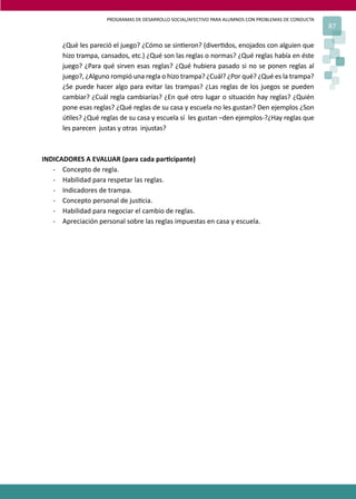 PROGRAMAS DE DESARROLLO SOCIAL/AFECTIVO PARA ALUMNOS CON PROBLEMAS DE CONDUCTA
87
¿Qué les pareció el juego? ¿Cómo se sin�eron? (diver�dos, enojados con alguien que
hizo trampa, cansados, etc.) ¿Qué son las reglas o normas? ¿Qué reglas había en éste
juego? ¿Para qué sirven esas reglas? ¿Qué hubiera pasado si no se ponen reglas al
juego?, ¿Alguno rompió una regla o hizo trampa? ¿Cuál? ¿Por qué? ¿Qué es la trampa?
¿Se puede hacer algo para evitar las trampas? ¿Las reglas de los juegos se pueden
cambiar? ¿Cuál regla cambiarías? ¿En qué otro lugar o situación hay reglas? ¿Quién
pone esas reglas? ¿Qué reglas de su casa y escuela no les gustan? Den ejemplos ¿Son
ú�les? ¿Qué reglas de su casa y escuela sí les gustan –den ejemplos-?¿Hay reglas que
les parecen justas y otras injustas?
INDICADORES A EVALUAR (para cada par�cipante)
- Concepto de regla.
- Habilidad para respetar las reglas.
- Indicadores de trampa.
- Concepto personal de jus�cia.
- Habilidad para negociar el cambio de reglas.
- Apreciación personal sobre las reglas impuestas en casa y escuela.
 