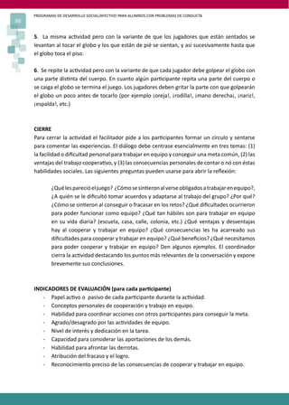 PROGRAMAS DE DESARROLLO SOCIAL/AFECTIVO PARA ALUMNOS CON PROBLEMAS DE CONDUCTA
96
5. La misma ac�vidad pero con la variante de que los jugadores que están sentados se
levantan al tocar el globo y los que están de pié se sientan, y así sucesivamente hasta que
el globo toca el piso.
6. Se repite la ac�vidad pero con la variante de que cada jugador debe golpear el globo con
una parte dis�nta del cuerpo. En cuanto algún par�cipante repita una parte del cuerpo o
se caiga el globo se termina el juego. Los jugadores deben gritar la parte con que golpearán
el globo un poco antes de tocarlo (por ejemplo ¡oreja!, ¡rodilla!, ¡mano derecha¡, ¡nariz!,
¡espalda!, etc.)
CIERRE
Para cerrar la ac�vidad el facilitador pide a los par�cipantes formar un círculo y sentarse
para comentar las experiencias. El diálogo debe centrase esencialmente en tres temas: (1)
la facilidad o diﬁcultad personal para trabajar en equipo y conseguir una meta común, (2) las
ventajas del trabajo coopera�vo, y (3) las consecuencias personales de contar o nó con éstas
habilidades sociales. Las siguientes preguntas pueden usarse para abrir la reﬂexión:
¿Quélesparecióeljuego? ¿Cómosesin�eronalverseobligadosatrabajarenequipo?,
¿A quién se le diﬁcultó tomar acuerdos y adaptarse al trabajo del grupo? ¿Por qué?
¿Cómo se sin�eron al conseguir o fracasar en los retos? ¿Qué diﬁcultades ocurrieron
para poder funcionar como equipo? ¿Qué tan hábiles son para trabajar en equipo
en su vida diaria? (escuela, casa, calle, colonia, etc.) ¿Qué ventajas y desventajas
hay al cooperar y trabajar en equipo? ¿Qué consecuencias les ha acarreado sus
diﬁcultades para cooperar y trabajar en equipo? ¿Qué beneﬁcios? ¿Qué necesitamos
para poder cooperar y trabajar en equipo? Den algunos ejemplos. El coordinador
cierra la ac�vidad destacando los puntos más relevantes de la conversación y expone
brevemente sus conclusiones.
INDICADORES DE EVALUACIÓN (para cada par�cipante)
- Papel ac�vo o pasivo de cada par�cipante durante la ac�vidad.
- Conceptos personales de cooperación y trabajo en equipo.
- Habilidad para coordinar acciones con otros par�cipantes para conseguir la meta.
- Agrado/desagrado por las ac�vidades de equipo.
- Nivel de interés y dedicación en la tarea.
- Capacidad para considerar las aportaciones de los demás.
- Habilidad para afrontar las derrotas.
- Atribución del fracaso y el logro.
- Reconocimiento preciso de las consecuencias de cooperar y trabajar en equipo.
 