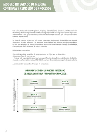 MODELO INTEGRADO DE MEJORA
CONTINUA Y REDISEÑO DE PROCESOS




      Esta consultoría, se basa en la gestión, mejora y rediseño de los procesos para hacerlos más
      eficientes y eficaces. Lograr efectividad es conseguir que rinda en un grado superior al que tenía
      anteriormente y ello, gracias a una acción sistemática sobre el proceso que hará posible que los
      cambios sean estables.

      Se trata de conocer el proceso, sus causas asignables (imputables) de variación, de eliminar
      actividades sin valor agregado y de aumentar la satisfacción del cliente. El rediseño de procesos
      incluye una actividad de mejora permanente, ya que persigue la aplicación de la filosofía PHVA
      (Planear-Hacer-Verificar-Actuar) de mejora continua.

      Los objetivos a lograr son:

      • Controlar y mejorar la calidad de los productos o servicios que se desarrollan.
      • Optimizar el uso de los recursos.
      • Preparar a la organización para una futura certificación de su Sistema de Gestión de Calidad
        basado en la Norma Internacional ISO 9001, lo cual será desarrollado como parte de la consultoría.

      A continuación, se describe el modelo de consultoría:



                        IMPLEMENTACIÓN DE UN MODELO INTEGRADO
                       DE MEJORA CONTINUA Y REDISEÑO DE PROCESOS




 22
 