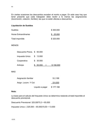 GGS
84
En ciertas ocasiones los descuentos exceden el monto a pagar. En este caso hay que
tener presente que cada trabajador debe recibir a lo menos las asignaciones
(locomoción, colación, familiar), las que no están afectas a descuentos.
Liquidación de Sueldos
Sueldos $ 300.000
Horas Extraordinarias $ 25.000
Total imponible $ 325.000
MENOS
Descuento Previs. $ 65.000
Impuesto Unico $ 13.000
Cooperativa $ 30.000
Anticipo $ 50.000 = $ 158.000
MAS
Asignación familiar $ 2.188
Asign. Locom. Y Col. $ 8.000
Liquido a pagar $ 177.188
Nota:
La base para el calculo del Impuesto Unico se determina restando al total imponible el
descuento previsional.
Descuento Previsional: 325.000*0,2 = 65.000
Impuesto Unico: ( 325.000 – 65.000)*0,05 = 13.000
 