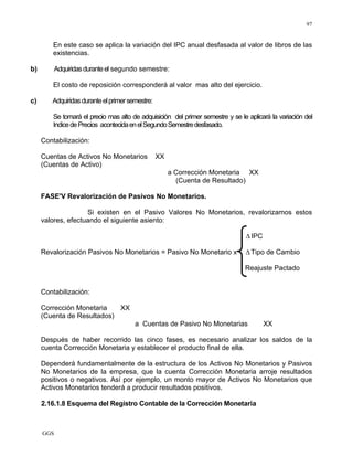 GGS
97
En este caso se aplica la variación del IPC anual desfasada al valor de libros de las
existencias.
b) Adquiridasduranteel segundo semestre:
El costo de reposición corresponderá al valor mas alto del ejercicio.
c) Adquiridasduranteelprimersemestre:
Se tomará el precio mas alto de adquisición del primer semestre y se le aplicará la variación del
IndicedePrecios acontecidaenelSegundoSemestredesfasado.
Contabilización:
Cuentas de Activos No Monetarios XX
(Cuentas de Activo)
a Corrección Monetaria XX
(Cuenta de Resultado)
FASE'V Revalorización de Pasivos No Monetarios.
Si existen en el Pasivo Valores No Monetarios, revalorizamos estos
valores, efectuando el siguiente asiento:
ΔIPC
Revalorización Pasivos No Monetarios = Pasivo No Monetario x ΔTipo de Cambio
Reajuste Pactado
Contabilización:
Corrección Monetaria XX
(Cuenta de Resultados)
a Cuentas de Pasivo No Monetarias XX
Después de haber recorrido las cinco fases, es necesario analizar los saldos de la
cuenta Corrección Monetaria y establecer el producto final de ella.
Dependerá fundamentalmente de la estructura de los Activos No Monetarios y Pasivos
No Monetarios de la empresa, que la cuenta Corrección Monetaria arroje resultados
positivos o negativos. Así por ejemplo, un monto mayor de Activos No Monetarios que
Activos Monetarios tenderá a producir resultados positivos.
2.16.1.8 Esquema del Registro Contable de la Corrección Monetaria
 