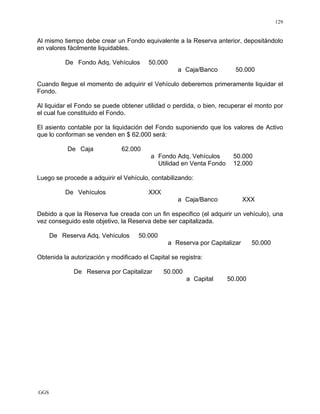 GGS
129
Al mismo tiempo debe crear un Fondo equivalente a la Reserva anterior, depositándolo
en valores fácilmente liquidables.
De Fondo Adq. Vehículos 50.000
a Caja/Banco 50.000
Cuando llegue el momento de adquirir el Vehículo deberemos primeramente liquidar el
Fondo.
Al liquidar el Fondo se puede obtener utilidad o perdida, o bien, recuperar el monto por
el cual fue constituido el Fondo.
El asiento contable por la liquidación del Fondo suponiendo que los valores de Activo
que lo conforman se venden en $ 62.000 será:
De Caja 62.000
a Fondo Adq. Vehículos 50.000
Utilidad en Venta Fondo 12.000
Luego se procede a adquirir el Vehículo, contabilizando:
De Vehículos XXX
a Caja/Banco XXX
Debido a que la Reserva fue creada con un fin especifico (el adquirir un vehículo), una
vez conseguido este objetivo, la Reserva debe ser capitalizada.
De Reserva Adq. Vehículos 50.000
a Reserva por Capitalizar 50.000
Obtenida la autorización y modificado el Capital se registra:
De Reserva por Capitalizar 50.000
a Capital 50.000
 