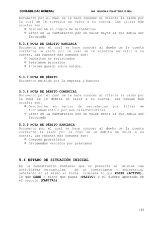CONTABILIDAD GENERAL ING. WILSON A. VELASTEGUI. O. MSc.
125
Documento por el cual se le hace conocer al cliente la razón por
la cual se le acredita un valor a su cuenta, las causas más
usuales son:
 Devolución en compra de mercaderías
 Error en la facturación por un valor mayor al que debía ser
facturada
5.3.6 NOTA DE CRÉDITO BANCARIA
Documento por el cual se hace conocer al dueño de la cuenta
corriente la razón por la cual se le acredita un valor a su
cuenta, las razones más comunes son:
 Depósitos no registrados
 Préstamos bancarios
 Interés ganado sobre saldos.
5.3.7 NOTA DE DÉBITO
Documento emitido por la empresa y bancos:
5.3.8 NOTA DE DÉBITO COMERCIAL
Documento por el cual se le hace conocer al cliente la razón por
la cual se le debita un valor a su cuenta, las causas más
usuales son:
 Devolución en ventas de mercaderías por fallas de
funcionamiento o por sus características
 Error en la facturación por un valor menor al que debía ser
facturada
5.3.9 NOTA DE DÉBITO BANCARIA
Documento por el cual se hace conocer al dueño de la cuenta
corriente la razón por la cual se le debita un valor a su
cuenta, las razones más comunes son:
 Cheques protestados
 Dividendos vencidos por préstamos
5.4 ESTADO DE SITUACIÓN INICIAL
Es la demostración contable que se presenta al iniciar las
actividades mercantiles de un comerciante o empresario,
señalando en el mismo en forma ordenada lo que POSEE (ACTIVO),
lo que DEBE o tiene que pagar (PASIVO) y el dinero aportado en
el negocio (CAPITAL)
 