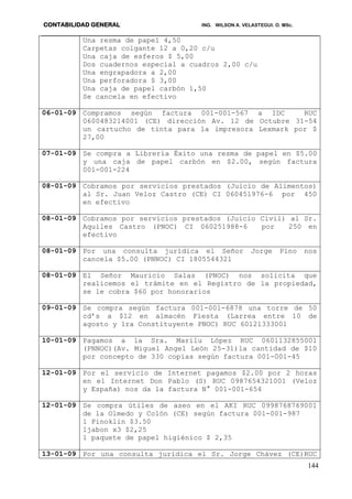 CONTABILIDAD GENERAL ING. WILSON A. VELASTEGUI. O. MSc.
144
Una resma de papel 4,50
Carpetas colgante 12 a 0,20 c/u
Una caja de esferos $ 5,00
Dos cuadernos especial a cuadros 2,00 c/u
Una engrapadora a 2,00
Una perforadora $ 3,00
Una caja de papel carbón 1,50
Se cancela en efectivo
06-01-09 Compramos según factura 001-001-567 a IDC RUC
0600483214001 (CE) dirección Av. 12 de Octubre 31-54
un cartucho de tinta para la impresora Lexmark por $
27,00
07-01-09 Se compra a Librería Éxito una resma de papel en $5.00
y una caja de papel carbón en $2.00, según factura
001-001-224
08-01-09 Cobramos por servicios prestados (Juicio de Alimentos)
al Sr. Juan Veloz Castro (CE) CI 060451976-6 por 450
en efectivo
08-01-09 Cobramos por servicios prestados (Juicio Civil) al Sr.
Aquiles Castro (PNOC) CI 060251988-6 por 250 en
efectivo
08-01-09 Por una consulta jurídica el Señor Jorge Pino nos
cancela $5.00 (PNNOC) CI 1805544321
08-01-09 El Señor Mauricio Salas (PNOC) nos solicita que
realicemos el trámite en el Registro de la propiedad,
se le cobra $60 por honorarios
09-01-09 Se compra según factura 001-001-6878 una torre de 50
cd’s a $12 en almacén Fiesta (Larrea entre 10 de
agosto y 1ra Constituyente PNOC) RUC 60121333001
10-01-09 Pagamos a la Sra. Marilu López RUC 0601132855001
(PNNOC)(Av. Miguel Angel León 25-31)la cantidad de $10
por concepto de 330 copias según factura 001-001-45
12-01-09 Por el servicio de Internet pagamos $2.00 por 2 horas
en el Internet Don Pablo (S) RUC 0987654321001 (Veloz
y España) nos da la factura N° 001-001-654
12-01-09 Se compra útiles de aseo en el AKI RUC 0998768769001
de la Olmedo y Colón (CE) según factura 001-001-987
1 Pinoklin $3.50
1jabon x3 $2,25
1 paquete de papel higiénico $ 2,35
13-01-09 Por una consulta jurídica el Sr. Jorge Chávez (CE)RUC
 