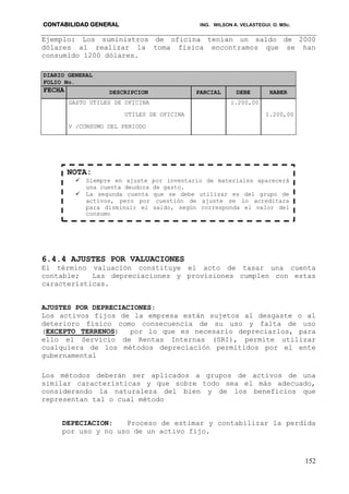 CONTABILIDAD GENERAL ING. WILSON A. VELASTEGUI. O. MSc.
152
Ejemplo: Los suministros de oficina tenían un saldo de 2000
dólares al realizar la toma física encontramos que se han
consumido 1200 dólares.
DIARIO GENERAL
FOLIO No.
FECHA DESCRIPCION PARCIAL DEBE HABER
GASTO UTILES DE OFICINA 1.200,00
UTILES DE OFICINA 1.200,00
V /CONSUMO DEL PERIODO
6.4.4 AJUSTES POR VALUACIONES
El término valuación constituye el acto de tasar una cuenta
contable; Las depreciaciones y provisiones cumplen con estas
características.
AJUSTES POR DEPRECIACIONES:
Los activos fijos de la empresa están sujetos al desgaste o al
deterioro físico como consecuencia de su uso y falta de uso
(EXCEPTO TERRENOS) por lo que es necesario depreciarlos, para
ello el Servicio de Rentas Internas (SRI), permite utilizar
cualquiera de los métodos depreciación permitidos por el ente
gubernamental
Los métodos deberán ser aplicados a grupos de activos de una
similar características y que sobre todo sea el más adecuado,
considerando la naturaleza del bien y de los beneficios que
representan tal o cual método
DEPECIACION: Proceso de estimar y contabilizar la perdida
por uso y no uso de un activo fijo.
NOTA:
 Siempre en ajuste por inventario de materiales aparecerá
una cuenta deudora de gasto.
 La segunda cuenta que se debe utilizar es del grupo de
activos, pero por cuestión de ajuste se lo acreditara
para disminuir el saldo, según corresponda el valor del
consumo
 