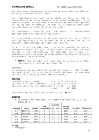 CONTABILIDAD GENERAL ING. WILSON A. VELASTEGUI. O. MSc.
176
Las vacaciones constituyen un derecho irrenunciable que debe ser
gozado y no compensado en dinero.
Los trabajadores que hubieren prestado servicios por más de
cinco años a la misma empresa o al mismo empleador, tendrá
derecho a gozar adicionalmente de un día de vacaciones porcada
uno de los años excedentes. Los días de vacaciones adicionales
por antigüedad no excederán de quince días.
El trabajador recibirá por adelantado la remuneración
correspondiente al período de vacaciones.
Los trabajadores menores de 16 años tendrán derecho a VEINTE
días de vacaciones y los mayores de 16 y menores de 18, lo
tendrán a DIECIOCHO días de vacaciones anuales.
En el contrato se debe hacer constar el período en que el
trabajador comenzará a gozar de vacaciones. De no haber contrato
escrito a tal señalamiento, el empleador hará conocer al
trabajador, con tres meses de anticipación, periodo en el que se
le concederá las vacaciones,
 MONTO: Para calcular las vacaciones se procede así: Total
percibido en el año dividido para 24.
Ejemplo:
Un empleado ha percibido de sueldo de enero a junio $310,00
mensuales y de julio a diciembre $390,00 mensuales, durante este
período tuvo $ 85,00 de horas extras cada mes.
CÁLCULO
De enero a junio (6meses) 6 x 310,00 = 1.860,00
De julio a diciembre (6meses) 6 x 390,00 = 2.340,00
Horas extras de julio a diciembre6 x 85,00 = 510,00
total 4.710,00
Vacaciones =total anual/24 = 4.710,00/24 = 196,25
EJEMPLO:
 LA EMPRESA ABC PRESENTA LA SIGUIENTE INFORMACIÓN AL 31 DE
ENERO 2010
SOBRETIEMPO
NOMBRES CARGO SUELDO
DIAS
LABORABLES H.50% H.100%
ANTICIPO.
SUELDO PRESTAMOS COMISARIATO
Sr A CONTADOR 345,00 28 3 2 50,00 15,00 20,00
Sr B SECRETARIA 200,00 30 2 4 10,00 20,00 20,00
Sr C OBRERO 190,00 30 1 3 20,00 10,00 40,00
Sr D VENDEDOR 180,00 18 4 2 30,00 20,00 20,00
Sr E GUARDIA 160,00 25 1 3 10,00 25,00 30,00
SE PIDE:
Rol de pagos
 