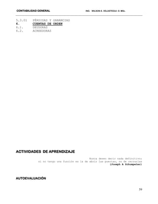 CONTABILIDAD GENERAL ING. WILSON A. VELASTEGUI. O. MSc.
59
5.3.01 PÉRDIDAS Y GANANCIAS
6. CUENTAS DE ORDEN
6.1. DEUDORAS
6.2. ACREEDORAS
ACTIVIDADES DE APRENDIZAJE
Nunca deseo decir nada definitivo;
sí no tengo una función es la de abrir las puertas, no de cerrarlas
(Joseph A Schumpeter)
AUTOEVALUACIÓN
 