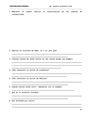 CONTABILIDAD GENERAL ING. WILSON A. VELASTEGUI. O. MSc.
60
1. Mediante un cuadro realice la clasificación de las cuentas en
contabilidad
2. Debitar es sinónimo de debe, si o no ¿Por qué?
_______________________________________________________________________
_________________________________________________________
3. Cuantas clases de saldo existe en una cuenta ponga una ejemplo
_______________________________________________________________________
_______________________________________________________________________
__________________________________________________
4. Cómo reconozco la acción de acreditar?
_______________________________________________________________________
________________________________________________________
5. Cómo reconozco la acción de debitar?
_______________________________________________________________________
_________________________________________________________
6. Cuándo existe saldo nulo?, demuestre con un ejemplo
________________________________________________________________
7. Que es la ecuación contable
_______________________________________________________________________
_________________________________________________________
8. Que entiende por activo
_______________________________________________________________________
_______________________________________________________________________
 