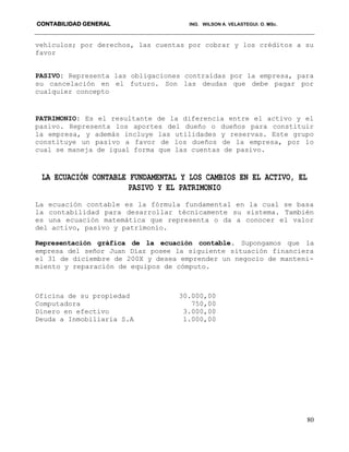 CONTABILIDAD GENERAL ING. WILSON A. VELASTEGUI. O. MSc.
80
vehículos; por derechos, las cuentas por cobrar y los créditos a su
favor
PASIVO: Representa las obligaciones contraídas por la empresa, para
su cancelación en el futuro. Son las deudas que debe pagar por
cualquier concepto
PATRIMONIO: Es el resultante de la diferencia entre el activo y el
pasivo. Representa los aportes del dueño o dueños para constituir
la empresa, y además incluye las utilidades y reservas. Este grupo
constituye un pasivo a favor de los dueños de la empresa, por lo
cual se maneja de igual forma que las cuentas de pasivo.
LA ECUACIÓN CONTABLE FUNDAMENTAL Y LOS CAMBIOS EN EL ACTIVO, EL
PASIVO Y EL PATRIMONIO
La ecuación contable es la fórmula fundamental en la cual se basa
la contabilidad para desarrollar técnicamente su sistema. También
es una ecuación matemática que representa o da a conocer el valor
del activo, pasivo y patrimonio.
Representación gráfica de la ecuación contable. Supongamos que la
empresa del señor Juan Díaz posee la siguiente situación financiera
el 31 de diciembre de 200X y desea emprender un negocio de manteni-
miento y reparación de equipos de cómputo.
Oficina de su propiedad 30.000,00
Computadora 750,00
Dinero en efectivo 3.000,00
Deuda a Inmobiliaria S.A 1.000,00
 