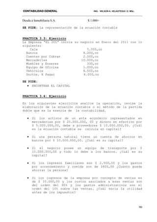 CONTABILIDAD GENERAL ING. WILSON A. VELASTEGUI. O. MSc.
90
Deuda a Inmobiliaria S.A. $ 1.000=
SE PIDE: La representación de la ecuación contable
PRACTICA 3.3: Ejercicio
La Empresa “EL SOL” inicia su negocio en Enero del 2011 con lo
siguiente:
Caja 5.000,oo
Bancos 8.000,oo
Cuentas por Cobrar 2.000,oo
Mercaderías 10.000,oo
Muebles y Enseres 330,oo
Equipo de Oficina 1.000,oo
Vehículos 8.000,oo
Doctos. X Pagar 6.000,oo
SE PIDE:
 ENCONTRAR EL CAPITAL
PRACTICA 3.4: Ejercicio
En los siguientes ejercicios analice la operación, revise la
elaboración de la ecuación contable o el método de la partida
doble que es la esencia de la contabilidad.
 Si los activos de un ente económico representados en
mercaderías por $ 20.000.000, 00 y dinero en efectivo por
$ 5.000.000,00, debe a proveedores $ 10.000.000,00. ¿Cuál
es la ecuación contable se calcula en capital?
 Si una persona natural tiene un cuenta de ahorros en
bancos por $ 10.000.000,00. ¿Cuál es su capital?
 Si el negocio posee un equipo de transporte por $
15.000.000,00 y todo lo debe a los bancos. ¿Cuál es su
capital?
 Si los ingresos familiares son $ 2.500,00 y los gastos
por arrendamiento y comida son de $800,00 ¿Cuánto puede
ahorrar la persona?
 Si los ingresos de la empresa por concepto de ventas es
de $ 10.000,00 y los costos asociados a esas ventas son
del orden del 80% y los gastos administrativos son el
orden del 10% sobre las ventas. ¿Cuál sería la utilidad
antes de los impuestos?
 