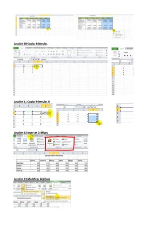 Lección 30 Copiar Fórmulas
Lección 31 Copiar Fórmulas II
Lección 32 Insertar Gráficos
Lección 33 Modificar Gráficos
 