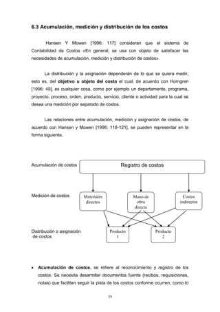 29
6.3 Acumulación, medición y distribución de los costos
Hansen Y Mowen [1996: 117] consideran que el sistema de
Contabilidad de Costos «En general, se usa con objeto de satisfacer las
necesidades de acumulación, medición y distribución de costos».
La distribución y la asignación dependerán de lo que se quiera medir,
esto es, del objetivo u objeto del costo el cual, de acuerdo con Horngren
[1996: 49], es cualquier cosa, como por ejemplo un departamento, programa,
proyecto, proceso, orden, producto, servicio, cliente o actividad para la cual se
desea una medición por separado de costos.
Las relaciones entre acumulación, medición y asignación de costos, de
acuerdo con Hansen y Mowen [1996: 118-121], se pueden representar en la
forma siguiente.
Acumulación de costos
Medición de costos
Distribución o asignación
de costos
 Acumulación de costos, se refiere al reconocimiento y registro de los
costos. Se necesita desarrollar documentos fuente (recibos, requisiciones,
notas) que faciliten seguir la pista de los costos conforme ocurren, como lo
Registro de costos
Materiales
directos
Mano de
obra
directa
Costos
indirectos
Producto
1
Producto
2
 