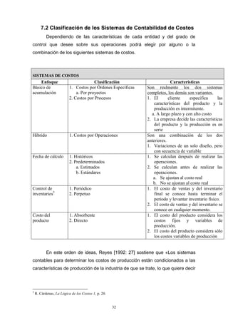 32
7.2 Clasificación de los Sistemas de Contabilidad de Costos
Dependiendo de las características de cada entidad y del grado de
control que desee sobre sus operaciones podrá elegir por alguno o la
combinación de los siguientes sistemas de costos.
SISTEMAS DE COSTOS
Enfoque Clasificación Características
Básico de
acumulación
1. Costos por Órdenes Específicas
a. Por proyectos
2. Costos por Procesos
Son realmente los dos sistemas
completos, los demás son variantes.
1. El cliente especifica las
características del producto y la
producción es intermitente.
a. A largo plazo y con alto costo
2. La empresa decide las características
del producto y la producción es en
serie
Híbrido 1. Costos por Operaciones Son una combinación de los dos
anteriores.
1. Variaciones de un solo diseño, pero
con secuencia de variable
Fecha de cálculo 1. Históricos
2. Predeterminados
a. Estimados
b. Estándares
1. Se calculan después de realizar las
operaciones.
2. Se calculan antes de realizar las
operaciones.
a. Se ajustan al costo real
b. No se ajustan al costo real
Control de
inventarios5
1. Periódico
2. Perpetuo
1. El costo de ventas y del inventario
final se conoce hasta terminar el
periodo y levantar inventario físico.
2. El costo de ventas y del inventario se
conoce en cualquier momento.
Costo del
producto
1. Absorbente
2. Directo
1. El costo del producto considera los
costos fijos y variables de
producción.
2. El costo del producto considera sólo
los costos variables de producción
En este orden de ideas, Reyes [1992: 27] sostiene que «Los sistemas
contables para determinar los costos de producción están condicionados a las
características de producción de la industria de que se trate, lo que quiere decir
5
R. Cárdenas, La Lógica de los Costos 1, p. 20.
 