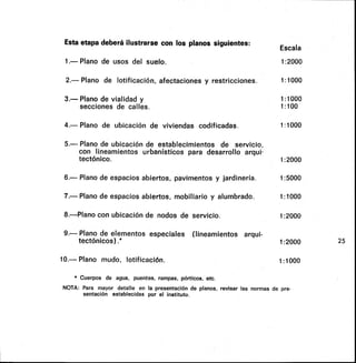 Esta etapa deberá ilustrarse con los planos siguientes:
Escala
1.— Plano de usos del suelo. 1:2000
2.— Plano de lotificación, afectaciones y restricciones. 1:1000
3 Plano de vialidad y 1:1000
secciones de calles. 1:100
4.— Plano de ubicación de viviendas codificadas. 1:1000
5.— Plano de ubicación de establecimientos de servicio,
con lineamientos urbanísticos para desarrollo arqui-
tectónico. 1:2000
6.— Plano de espacios abiertos, pavimentos y jardinería. 1:5000
7.— Plano de espacios abiertos, mobiliario y alumbrado. 1:1000
8.—Plano con ubicación de nodos de servicio. 1:2000
9.— Plano de elementos especiales (lineamientos arqui-
tectónicos) .* 1:2000
10.— Plano mudo, lotificación: 1:1000
* Cuerpos de agua, puentes, rampas, pórticos, etc.
NOTA: Para mayor detalle en la presentación de planos, revisar las normas de pre-
sentación establecidas por el instituto.
25
 