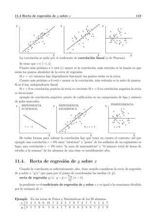 11.4 Recta de regresión de y sobre x 113
X
Y
X
Y
X
Y
La correlación se mide por el coeﬁciente de correlación lineal (o de Pearson).
Se tiene que r ∈ [−1, 1]:
Cuanto más próximo a 1 está |r| mayor es la correlación, más estrecha es la banda en que
están los puntos alrededor de la recta de regresión.
Si r = ±1 entonces hay dependencia funcional, los puntos están en la recta.
Cuanto más próximo a 0 está r menor es la correlación, más redonda es la nube de puntos.
Si es 0 hay independencia lineal.
Si r > 0 es correlación positiva la recta es creciente Si r < 0 es correlación negativa la recta
es decreciente
ejemplo de correlación negativa: puesto de caliﬁcación en un campeonato de liga y número
de goles marcados.
X
Y
r = 0
INDEPENDENCIA
X
Y
0 < r < 1
DEPENDENCIA
ESTADÍSTICA
X
Y
r = −1
DEPENDENCIA
FUNCIONAL
De todas formas para valorar la correlación hay que tener en cuenta el contexto: así por
ejemplo una correlación r = 0′
6 entre ”estaturas” y ”pesos” de los soldados de un regimiento es
baja; una correlación r = 0′
6 entre ”la nota de matemáticas” y ”el número total de horas de
estudio a la semana” de los alumnos de una clase es notablemente alta.
11.4. Recta de regresión de y sobre x
Cuando la correlación es suﬁcientemente alta, tiene sentido considerar la recta de regresión
de y sobre x ”y/x” que pasa por el punto de coordenadas las medias (¯x, ¯y):
recta de regresión y/x: y − ¯y =
σxy
σ2
x
.(x − ¯x)
la pendiente es el coeﬁciente de regresión de y sobre x y es igual a la covarianza dividida
por la varianza de x:
Ejemplo En las notas de Física y Matemáticas de los 20 alumnos.
xi 2 4 5 9 9 10 7 3 2 5 7 9 7 3 7 7 5 1 2 7
yi 3 5 7 9 6 5 6 4 1 7 6 8 6 2 8 6 7 2 1 9
 