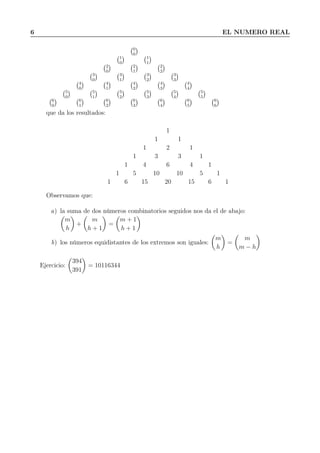 6 EL NUMERO REAL
0
0
1
0
1
1
2
0
2
1
2
2
3
0
3
1
3
2
3
3
4
0
4
1
4
2
4
3
4
4
5
0
5
1
5
2
5
3
5
4
5
5
6
0
6
1
6
2
6
3
6
4
6
5
6
6
que da los resultados:
1
1 1
1 2 1
1 3 3 1
1 4 6 4 1
1 5 10 10 5 1
1 6 15 20 15 6 1
Observamos que:
a) la suma de dos números combinatorios seguidos nos da el de abajo:
m
h
+
m
h + 1
=
m + 1
h + 1
b) los números equidistantes de los extremos son iguales:
m
h
=
m
m − h
Ejercicio:
394
391
= 10116344
 