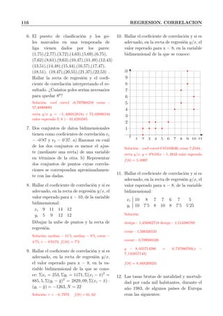 116 REGRESION. CORRELACION
6. El puesto de clasiﬁcación y los go-
les marcados en una temporada de
liga vienen dados por los pares:
(1,75),(2,77),(3,72),(4,63),(5,69),(6,75),
(7,62),(8,61),(9,63),(10,47),(11,49),(12,43)
(13,51),(14,48),(15,44),(16,57),(17,47),
(18,51), (19,47),(20,55),(21,37),(22,53) .
Hallar la recta de regresión y el coeﬁ-
ciente de correlación interpretando el re-
sultado. ¿Cuántos goles serían necesarios
para quedar 80
?
Solución: coef correl -0,797968258 covar -
57,40909091
recta y/x y = −1, 426312818x + 73, 03896104
valor esperado f( 8 )= 61,6284585
7. Dos conjuntos de datos bidimensionales
tienen como coeﬁcientes de correlación r1
= -0’87 y r2 = 0’37. a) Razonar en cuál
de los dos conjuntos es menor el ajus-
te (mediante una recta) de una variable
en términos de la otra. b) Representar
dos conjuntos de puntos cuyas correla-
ciones se correspondan aproximadamen-
te con las dadas.
8. Hallar el coeﬁciente de correlación y si es
adecuado, en la recta de regresión y/x, el
valor esperado para x = 10, de la variable
bidimensional:
xi 9 11 14 12
yi 5 9 12 12
Dibujar la nube de puntos y la recta de
regresión.
Solución: mediax = 11’5, mediay = 9’5, covar =
4’75, r = 0’9173, f(10) = 7′
3
9. Hallar el coeﬁciente de correlación y si es
adecuado, en la recta de regresión y/x,
el valor esperado para x = 8, en la va-
riable bidimensional de la que se cono-
ce: Σxi = 253, Σyi = 1171, Σ(xi − ¯x)2
=
885, 5, Σ(yi − ¯y)2
= 2829, 09, Σ(xi − ¯x) ·
(yi − ¯y) = −1263, N = 22
Solución: r = −0, 7979, f(8) = 61, 62
10. Hallar el coeﬁciente de correlación y si es
adecuado, en la recta de regresión y/x, el
valor esperado para x = 8, en la variable
bidimensional de la que se conoce:
1
2
3
4
5
6
7
8
9
10
1 2 3 4 5 6 7 8 9 10 11
Solución: . coef correl 0’85103036; covar 7,2544 ;
recta y/x: y = 0′
8105x − 1, 3843 valor esperado
f(8) = 5, 0997
11. Hallar el coeﬁciente de correlación y si es
adecuado, en la recta de regresión y/x, el
valor esperado para x = 8, de la variable
bidimensional:
xi 10 8 7 7 6 7 5
yi 10 7’5 8 10 8 7’5 5’25
Solución:
destpx= 1,456862718 destpy= 1,514386789
covar= 1,566326531
cocorr= 0,709948526
y − 8, 035714286 = 0, 737980769(x −
7, 142857143)
f(8) = 8, 668269231
12. Las tasas brutas de natalidad y mortali-
dad por cada mil habitantes, durante el
año 1983, de algunos países de Europa
eran las siguientes:
 