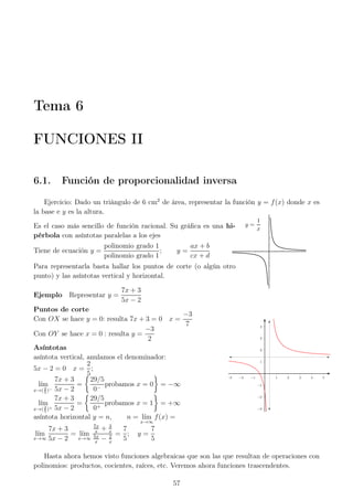 Tema 6
FUNCIONES II
6.1. Función de proporcionalidad inversa
Ejercicio: Dado un triángulo de 6 cm2
de área, representar la función y = f(x) donde x es
la base e y es la altura.
Es el caso más sencillo de función racional. Su gráﬁca es una hi-
pérbola con asíntotas paralelas a los ejes
Tiene de ecuación y =
polinomio grado 1
polinomio grado 1
; y =
ax + b
cx + d
Para representarla basta hallar los puntos de corte (o algún otro
punto) y las asíntotas vertical y horizontal.
y =
1
x
Ejemplo Representar y =
7x + 3
5x − 2
Puntos de corte
Con OX se hace y = 0: resulta 7x + 3 = 0 x =
−3
7
Con OY se hace x = 0 : resulta y =
−3
2
Asíntotas
asíntota vertical, anulamos el denominador:
5x − 2 = 0 x =
2
5
;
l´ım
x→(2
5
)−
7x + 3
5x − 2
=
29/5
0−
probamos x = 0 = −∞
l´ım
x→(2
5
)+
7x + 3
5x − 2
=
29/5
0+
probamos x = 1 = +∞
asíntota horizontal y = n, n = l´ım
x→∞
f(x) =
l´ım
x→∞
7x + 3
5x − 2
= l´ım
x→∞
7x
x
+ 3
x
5x
x
− 2
x
=
7
5
; y =
7
5
1
2
3
4
−1
−2
−3
1 2 3 4 5−1−2−3
Hasta ahora hemos visto funciones algebraicas que son las que resultan de operaciones con
polinomios: productos, cocientes, raíces, etc. Veremos ahora funciones trascendentes.
57
 