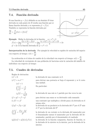 7.5 Función derivada 65
7.4. Función derivada
Si una función y = f(x) deﬁnida en un dominio D tiene
derivada en cada punto de D resulta una función que se
llama función derivada y se representa y′
= f′
(x)
También se representa la función derivada por
dy
dx
=
d
dx
f(x) = [f(x)]′
y = f(x)
y = f′
(x)
Ejemplo Hallar la derivadas de la función: y = x2
+ 3
f′
(x) = l´ım
h→0
f(x + h) − f(x)
h
= l´ım
h→0
(x + h)2
+ 3 − (x2
+ 3)
h
= 2x
y′
= 2x es la función derivada de y = x2
+ 3
Interpretación de la derivada Por ejemplo la velocidad es rapidez de variación del espacio
con respecto al tiempo: v(t) =
de
dt
.
La aceleración es el ritmo de cambio de la velocidad con respecto al tiempo: a(t) =
dv
dt
La velocidad de crecimiento de una población de bacterias sería la variación del número de
individuos con respecto al tiempo
7.5. Cuadro de derivadas
Reglas de derivación:
(c)′
= 0 la derivada de una constante es 0
(xn
)′
= n.xn−1
(x)′
= 1
1
x
′
=
−1
x2
(
√
x)′
=
1
2
√
x
para derivar una potencia se baja el exponente y se le resta
una unidad.
En particular:
la derivada de una raíz es 1 partido por dos veces la raíz
(f + g)′
= f′
+ g′
para derivar una suma se va derivando cada sumando
(c.f)′
= c.f′
una constante que multiplica o divide pasa a la derivada en el
mismo sitio
(f.g)′
= f′
g + fg′
la derivada de un producto es la derivada del 10
por el 20
más
el 10
por la derivada del 20
f
g
′
=
f′
g − fg′
g2
la derivada de un cociente es la derivada del numerador por
el denominador menos el numerador por la derivada del de-
nominador, partido por el denominador al cuadrado
(g[f(x)]′
= g′
[f(x)].f′
(x) la derivada de la función compuesta, función de función, es
la derivada de la exterior en la interior, por la derivada de la
interior.
 