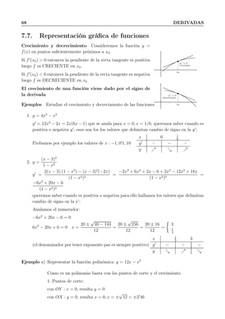 68 DERIVADAS
7.7. Representación gráﬁca de funciones
Crecimiento y decrecimiento Consideremos la función y =
f(x) en puntos suﬁcientemente próximos a x0.
Si f′
(x0) > 0 entonces la pendiente de la recta tangente es positiva
luego f es CRECIENTE en x0.
Si f′
(x0) < 0 entonces la pendiente de la recta tangente es negativa
luego f es DECRECIENTE en x0
El crecimiento de una función viene dado por el signo de
la derivada
y′ > 0
creciente
x0
y′
< 0
decreciente
x0Ejemplos Estudiar el crecimiento y decrecimiento de las funciones
1. y = 4x3
− x2
y′
= 12x2
− 2x = 2x(6x − 1) que se anula para x = 0, x = 1/6, queremos saber cuando es
positiva o negativa y′
, esos son los los valores que delimitan cambio de signo en la y′
;
Probamos por ejemplo los valores de x : −1, 0′
1, 10
x 0 1
6
y′
+ − +
y ր ց ր
2. y =
(x − 3)2
1 − x2
y′
=
2(x − 3).(1 − x2
) − (x − 3)2
(−2x)
(1 − x2)2
=
−2x3
+ 6x2
+ 2x − 6 + 2x3
− 12x2
+ 18x
(1 − x2)2
=
−6x2
+ 20x − 6
(1 − x2)2
queremos saber cuando es positiva o negativa para ello hallamos los valores que delimitan
cambio de signo en la y’:
Anulamos el numerador:
−6x2
+ 20x − 6 = 0
6x2
− 20x + 6 = 0 x =
20 ±
√
40 − 144
12
=
20 ±
√
256
12
=
20 ± 16
12
=
3
1
3
(el denominador por tener exponente par es siempre positivo)
x 1
3
3
y′
− + −
y ց ր ց
Ejemplo a) Representar la función polinómica: y = 12x − x3
Como es un polinomio basta con los puntos de corte y el crecimiento
1. Puntos de corte:
con OY : x = 0, resulta y = 0
con OX : y = 0, resulta x = 0, x = ±
√
12 = ±3′
46
 