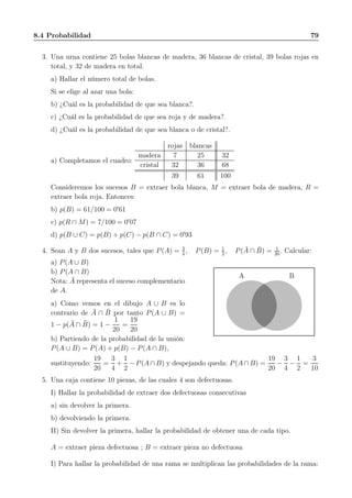 8.4 Probabilidad 79
3. Una urna contiene 25 bolas blancas de madera, 36 blancas de cristal, 39 bolas rojas en
total, y 32 de madera en total.
a) Hallar el número total de bolas.
Si se elige al azar una bola:
b) ¿Cuál es la probabilidad de que sea blanca?.
c) ¿Cuál es la probabilidad de que sea roja y de madera?.
d) ¿Cuál es la probabilidad de que sea blanca o de cristal?.
a) Completamos el cuadro:
rojas blancas
madera 7 25 32
cristal 32 36 68
39 61 100
Consideremos los sucesos B = extraer bola blanca, M = extraer bola de madera, R =
extraer bola roja. Entonces:
b) p(B) = 61/100 = 0′
61
c) p(R ∩ M) = 7/100 = 0′
07
d) p(B ∪ C) = p(B) + p(C) − p(B ∩ C) = 0′
93
4. Sean A y B dos sucesos, tales que P(A) = 3
4
, P(B) = 1
2
, P( ¯A ∩ ¯B) = 1
20
. Calcular:
a) P(A ∪ B)
b) P(A ∩ B)
Nota: ¯A representa el suceso complementario
de A.
a) Como vemos en el dibujo A ∪ B es lo
contrario de ¯A ∩ ¯B por tanto P(A ∪ B) =
1 − p( ¯A ∩ ¯B) = 1 −
1
20
=
19
20
b) Partiendo de la probabilidad de la unión:
P(A ∪ B) = P(A) + p(B) − P(A ∩ B),
A B
sustituyendo:
19
20
=
3
4
+
1
2
− P(A ∩ B) y despejando queda: P(A ∩ B) =
19
20
−
3
4
−
1
2
=
3
10
5. Una caja contiene 10 piezas, de las cuales 4 son defectuosas.
I) Hallar la probabilidad de extraer dos defectuosas consecutivas
a) sin devolver la primera.
b) devolviendo la primera.
II) Sin devolver la primera, hallar la probabilidad de obtener una de cada tipo.
A = extraer pieza defectuosa ; B = extraer pieza no defectuosa
I) Para hallar la probabilidad de una rama se multiplican las probabilidades de la rama:
 