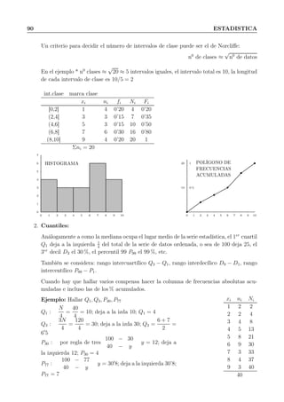 90 ESTADISTICA
Un criterio para decidir el número de intervalos de clase puede ser el de Norcliﬀe:
n0
de clases ≈
√
n0
de datos
En el ejemplo * n0
clases ≈
√
20 ≈ 5 intervalos iguales, el intervalo total es 10, la longitud
de cada intervalo de clase es 10/5 = 2
int.clase marca clase
xi ni fi Ni Fi
[0,2] 1 4 0’20 4 0’20
(2,4] 3 3 0’15 7 0’35
(4,6] 5 3 0’15 10 0’50
(6,8] 7 6 0’30 16 0’80
(8,10] 9 4 0’20 20 1
Σni = 20
0
1
2
3
4
5
6
7
0 1 2 3 4 5 6 7 8 9 10
HISTOGRAMA
10
20
0’5
1
0 1 2 3 4 5 6 7 8 9 10
POLÍGONO DE
FRECUENCIAS
ACUMULADAS
2. Cuantiles:
Análogamente a como la mediana ocupa el lugar medio de la serie estadística, el 1er
cuartil
Q1 deja a la izquierda 1
4
del total de la serie de datos ordenada, o sea de 100 deja 25, el
3er
decil D3 el 30 %, el percentil 99 P99 el 99 %, etc.
También se considera: rango intercuartílico Q3 − Q1, rango interdecílico D9 − D1, rango
intercentílico P99 − P1.
Cuando hay que hallar varios compensa hacer la columna de frecuencias absolutas acu-
muladas e incluso las de los % acumulados.
Ejemplo: Hallar Q1, Q3, P30, P77
Q1 :
N
4
=
40
4
= 10; deja a la izda 10; Q1 = 4
Q3 :
3N
4
=
120
4
= 30; deja a la izda 30; Q3 =
6 + 7
2
=
6′
5
P30 : por regla de tres
100 − 30
40 − y
y = 12; deja a
la izquierda 12; P30 = 4
P77 :
100 − 77
40 − y
y = 30′
8; deja a la izquierda 30’8;
P77 = 7
xi ni Ni
1 2 2
2 2 4
3 4 8
4 5 13
5 8 21
6 9 30
7 3 33
8 4 37
9 3 40
40
 