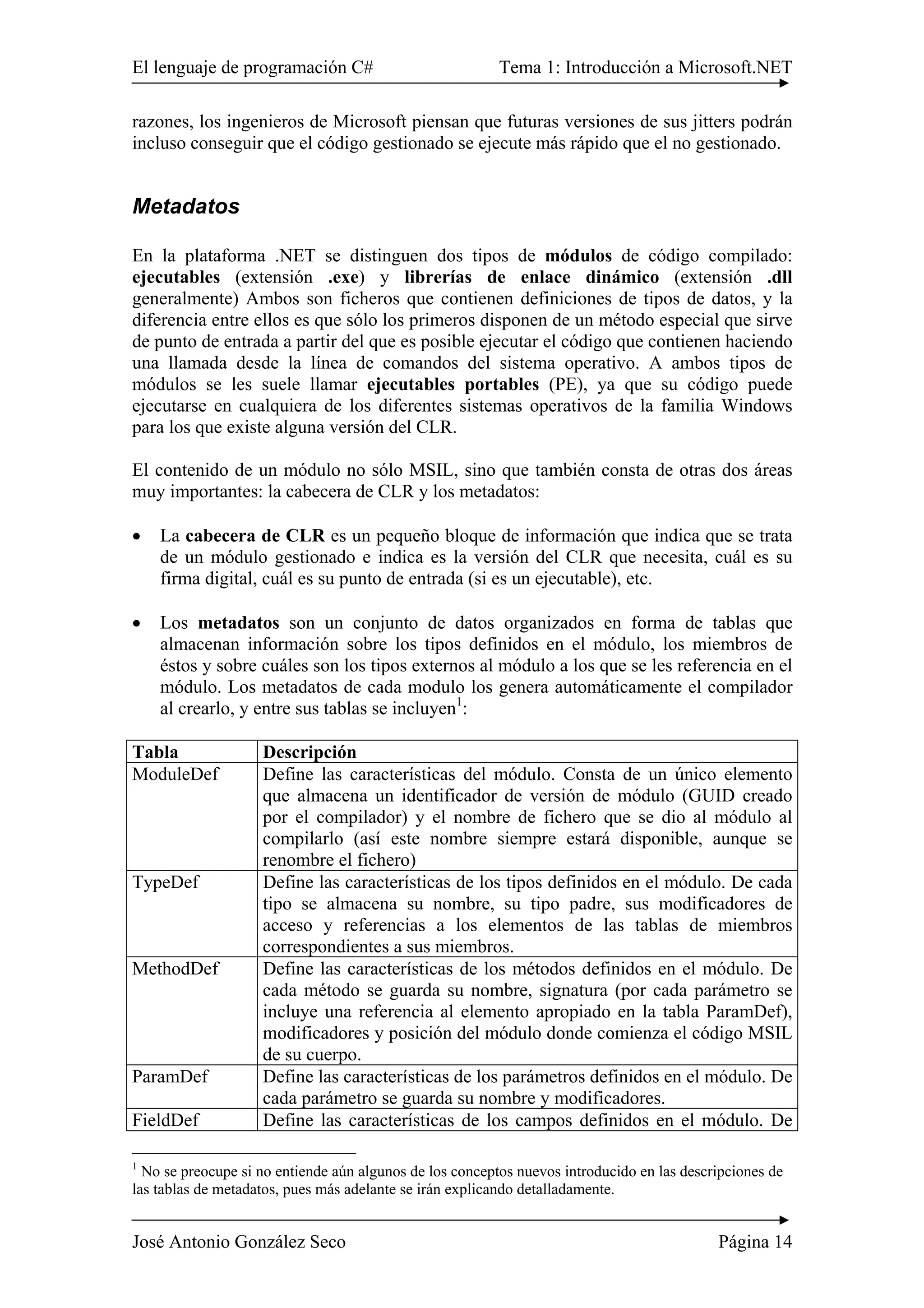 El lenguaje de programación C# Tema 1: Introducción a Microsoft.NET
José Antonio González Seco Página 14
razones, los ingenieros de Microsoft piensan que futuras versiones de sus jitters podrán
incluso conseguir que el código gestionado se ejecute más rápido que el no gestionado.
Metadatos
En la plataforma .NET se distinguen dos tipos de módulos de código compilado:
ejecutables (extensión .exe) y librerías de enlace dinámico (extensión .dll
generalmente) Ambos son ficheros que contienen definiciones de tipos de datos, y la
diferencia entre ellos es que sólo los primeros disponen de un método especial que sirve
de punto de entrada a partir del que es posible ejecutar el código que contienen haciendo
una llamada desde la línea de comandos del sistema operativo. A ambos tipos de
módulos se les suele llamar ejecutables portables (PE), ya que su código puede
ejecutarse en cualquiera de los diferentes sistemas operativos de la familia Windows
para los que existe alguna versión del CLR.
El contenido de un módulo no sólo MSIL, sino que también consta de otras dos áreas
muy importantes: la cabecera de CLR y los metadatos:
• La cabecera de CLR es un pequeño bloque de información que indica que se trata
de un módulo gestionado e indica es la versión del CLR que necesita, cuál es su
firma digital, cuál es su punto de entrada (si es un ejecutable), etc.
• Los metadatos son un conjunto de datos organizados en forma de tablas que
almacenan información sobre los tipos definidos en el módulo, los miembros de
éstos y sobre cuáles son los tipos externos al módulo a los que se les referencia en el
módulo. Los metadatos de cada modulo los genera automáticamente el compilador
al crearlo, y entre sus tablas se incluyen1
:
Tabla Descripción
ModuleDef Define las características del módulo. Consta de un único elemento
que almacena un identificador de versión de módulo (GUID creado
por el compilador) y el nombre de fichero que se dio al módulo al
compilarlo (así este nombre siempre estará disponible, aunque se
renombre el fichero)
TypeDef Define las características de los tipos definidos en el módulo. De cada
tipo se almacena su nombre, su tipo padre, sus modificadores de
acceso y referencias a los elementos de las tablas de miembros
correspondientes a sus miembros.
MethodDef Define las características de los métodos definidos en el módulo. De
cada método se guarda su nombre, signatura (por cada parámetro se
incluye una referencia al elemento apropiado en la tabla ParamDef),
modificadores y posición del módulo donde comienza el código MSIL
de su cuerpo.
ParamDef Define las características de los parámetros definidos en el módulo. De
cada parámetro se guarda su nombre y modificadores.
FieldDef Define las características de los campos definidos en el módulo. De
1
No se preocupe si no entiende aún algunos de los conceptos nuevos introducido en las descripciones de
las tablas de metadatos, pues más adelante se irán explicando detalladamente.
 