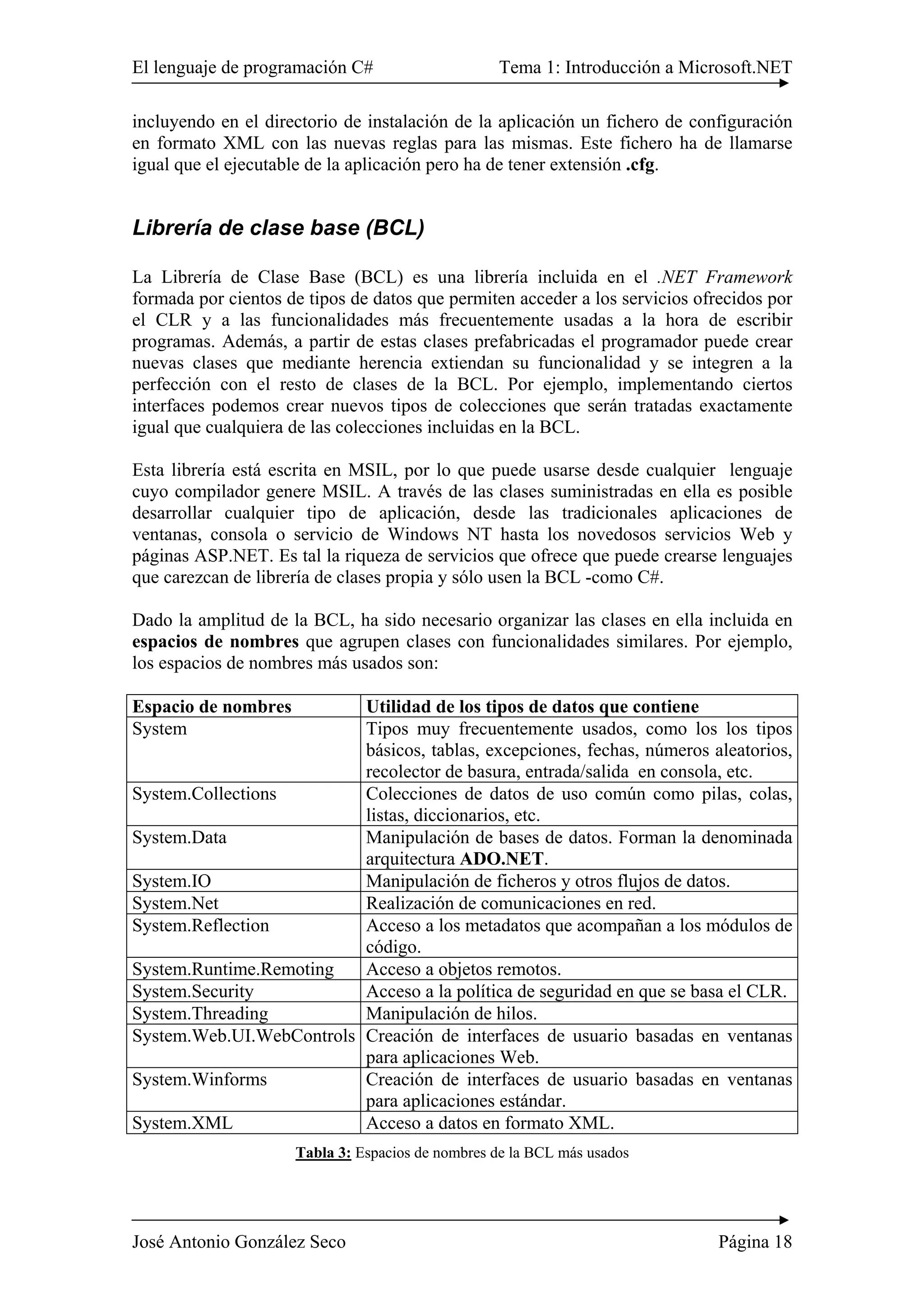 El lenguaje de programación C# Tema 1: Introducción a Microsoft.NET
José Antonio González Seco Página 18
incluyendo en el directorio de instalación de la aplicación un fichero de configuración
en formato XML con las nuevas reglas para las mismas. Este fichero ha de llamarse
igual que el ejecutable de la aplicación pero ha de tener extensión .cfg.
Librería de clase base (BCL)
La Librería de Clase Base (BCL) es una librería incluida en el .NET Framework
formada por cientos de tipos de datos que permiten acceder a los servicios ofrecidos por
el CLR y a las funcionalidades más frecuentemente usadas a la hora de escribir
programas. Además, a partir de estas clases prefabricadas el programador puede crear
nuevas clases que mediante herencia extiendan su funcionalidad y se integren a la
perfección con el resto de clases de la BCL. Por ejemplo, implementando ciertos
interfaces podemos crear nuevos tipos de colecciones que serán tratadas exactamente
igual que cualquiera de las colecciones incluidas en la BCL.
Esta librería está escrita en MSIL, por lo que puede usarse desde cualquier lenguaje
cuyo compilador genere MSIL. A través de las clases suministradas en ella es posible
desarrollar cualquier tipo de aplicación, desde las tradicionales aplicaciones de
ventanas, consola o servicio de Windows NT hasta los novedosos servicios Web y
páginas ASP.NET. Es tal la riqueza de servicios que ofrece que puede crearse lenguajes
que carezcan de librería de clases propia y sólo usen la BCL -como C#.
Dado la amplitud de la BCL, ha sido necesario organizar las clases en ella incluida en
espacios de nombres que agrupen clases con funcionalidades similares. Por ejemplo,
los espacios de nombres más usados son:
Espacio de nombres Utilidad de los tipos de datos que contiene
System Tipos muy frecuentemente usados, como los los tipos
básicos, tablas, excepciones, fechas, números aleatorios,
recolector de basura, entrada/salida en consola, etc.
System.Collections Colecciones de datos de uso común como pilas, colas,
listas, diccionarios, etc.
System.Data Manipulación de bases de datos. Forman la denominada
arquitectura ADO.NET.
System.IO Manipulación de ficheros y otros flujos de datos.
System.Net Realización de comunicaciones en red.
System.Reflection Acceso a los metadatos que acompañan a los módulos de
código.
System.Runtime.Remoting Acceso a objetos remotos.
System.Security Acceso a la política de seguridad en que se basa el CLR.
System.Threading Manipulación de hilos.
System.Web.UI.WebControls Creación de interfaces de usuario basadas en ventanas
para aplicaciones Web.
System.Winforms Creación de interfaces de usuario basadas en ventanas
para aplicaciones estándar.
System.XML Acceso a datos en formato XML.
Tabla 3: Espacios de nombres de la BCL más usados
 