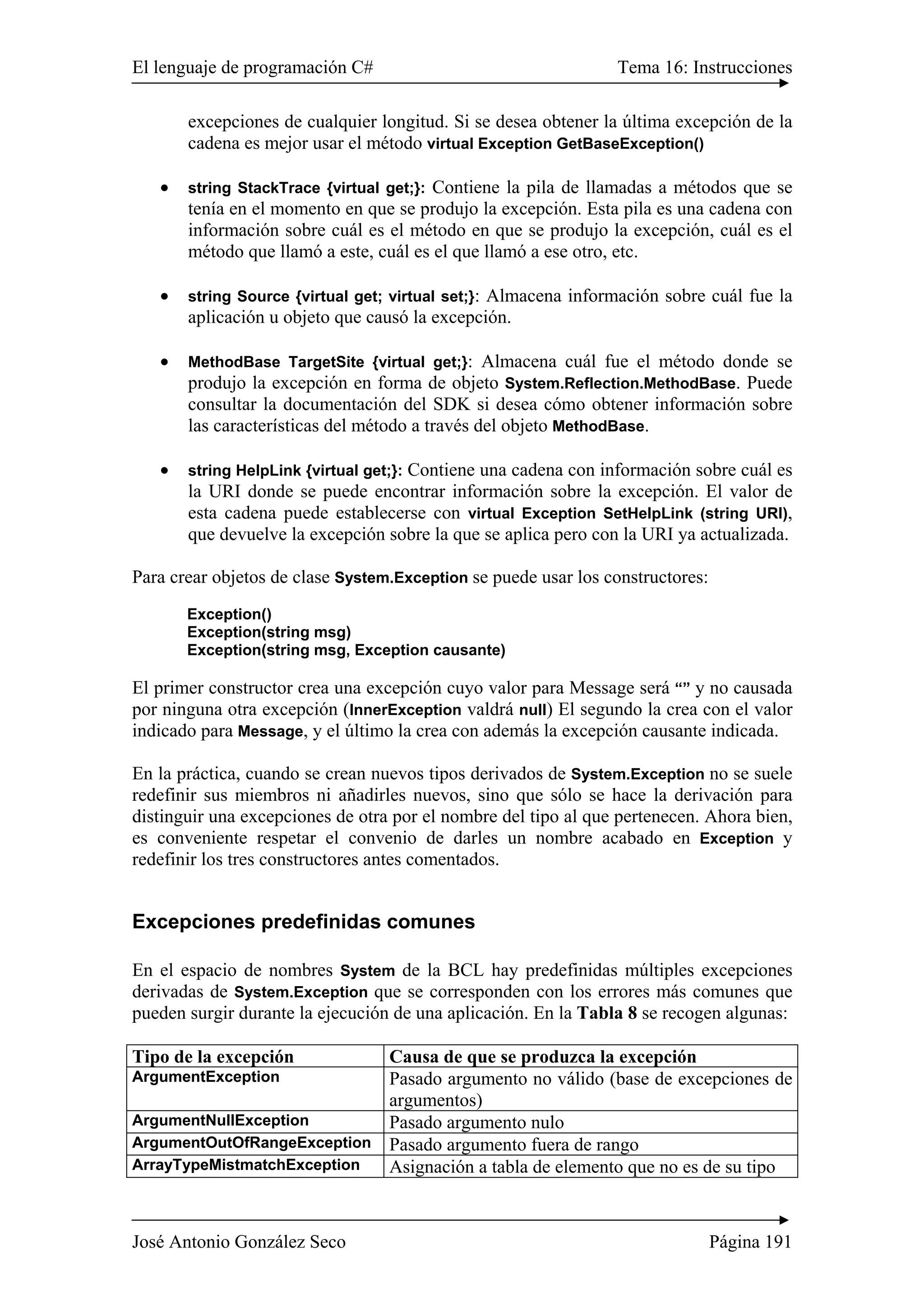El lenguaje de programación C# Tema 16: Instrucciones
José Antonio González Seco Página 191
excepciones de cualquier longitud. Si se desea obtener la última excepción de la
cadena es mejor usar el método virtual Exception GetBaseException()
• string StackTrace {virtual get;}: Contiene la pila de llamadas a métodos que se
tenía en el momento en que se produjo la excepción. Esta pila es una cadena con
información sobre cuál es el método en que se produjo la excepción, cuál es el
método que llamó a este, cuál es el que llamó a ese otro, etc.
• string Source {virtual get; virtual set;}: Almacena información sobre cuál fue la
aplicación u objeto que causó la excepción.
• MethodBase TargetSite {virtual get;}: Almacena cuál fue el método donde se
produjo la excepción en forma de objeto System.Reflection.MethodBase. Puede
consultar la documentación del SDK si desea cómo obtener información sobre
las características del método a través del objeto MethodBase.
• string HelpLink {virtual get;}: Contiene una cadena con información sobre cuál es
la URI donde se puede encontrar información sobre la excepción. El valor de
esta cadena puede establecerse con virtual Exception SetHelpLink (string URI),
que devuelve la excepción sobre la que se aplica pero con la URI ya actualizada.
Para crear objetos de clase System.Exception se puede usar los constructores:
Exception()
Exception(string msg)
Exception(string msg, Exception causante)
El primer constructor crea una excepción cuyo valor para Message será “” y no causada
por ninguna otra excepción (InnerException valdrá null) El segundo la crea con el valor
indicado para Message, y el último la crea con además la excepción causante indicada.
En la práctica, cuando se crean nuevos tipos derivados de System.Exception no se suele
redefinir sus miembros ni añadirles nuevos, sino que sólo se hace la derivación para
distinguir una excepciones de otra por el nombre del tipo al que pertenecen. Ahora bien,
es conveniente respetar el convenio de darles un nombre acabado en Exception y
redefinir los tres constructores antes comentados.
Excepciones predefinidas comunes
En el espacio de nombres System de la BCL hay predefinidas múltiples excepciones
derivadas de System.Exception que se corresponden con los errores más comunes que
pueden surgir durante la ejecución de una aplicación. En la Tabla 8 se recogen algunas:
Tipo de la excepción Causa de que se produzca la excepción
ArgumentException Pasado argumento no válido (base de excepciones de
argumentos)
ArgumentNullException Pasado argumento nulo
ArgumentOutOfRangeException Pasado argumento fuera de rango
ArrayTypeMistmatchException Asignación a tabla de elemento que no es de su tipo
 
