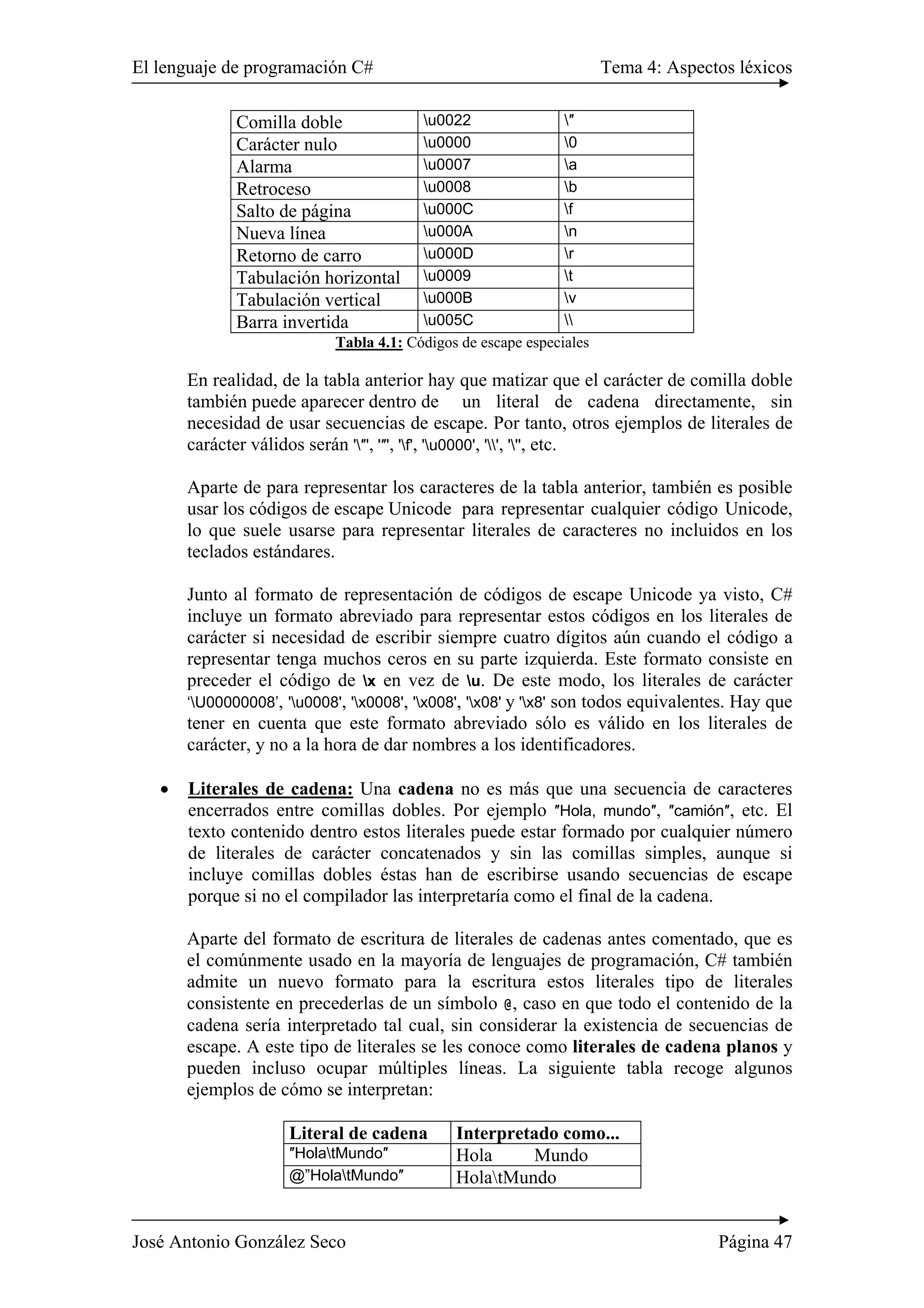 El lenguaje de programación C# Tema 4: Aspectos léxicos
José Antonio González Seco Página 47
Comilla doble u0022 ″
Carácter nulo u0000 0
Alarma u0007 a
Retroceso u0008 b
Salto de página u000C f
Nueva línea u000A n
Retorno de carro u000D r
Tabulación horizontal u0009 t
Tabulación vertical u000B v
Barra invertida u005C 
Tabla 4.1: Códigos de escape especiales
En realidad, de la tabla anterior hay que matizar que el carácter de comilla doble
también puede aparecer dentro de un literal de cadena directamente, sin
necesidad de usar secuencias de escape. Por tanto, otros ejemplos de literales de
carácter válidos serán '″', '″', 'f', 'u0000', '', ''', etc.
Aparte de para representar los caracteres de la tabla anterior, también es posible
usar los códigos de escape Unicode para representar cualquier código Unicode,
lo que suele usarse para representar literales de caracteres no incluidos en los
teclados estándares.
Junto al formato de representación de códigos de escape Unicode ya visto, C#
incluye un formato abreviado para representar estos códigos en los literales de
carácter si necesidad de escribir siempre cuatro dígitos aún cuando el código a
representar tenga muchos ceros en su parte izquierda. Este formato consiste en
preceder el código de x en vez de u. De este modo, los literales de carácter
‘U00000008’, 'u0008', 'x0008', 'x008', 'x08' y 'x8' son todos equivalentes. Hay que
tener en cuenta que este formato abreviado sólo es válido en los literales de
carácter, y no a la hora de dar nombres a los identificadores.
• Literales de cadena: Una cadena no es más que una secuencia de caracteres
encerrados entre comillas dobles. Por ejemplo ″Hola, mundo″, ″camión″, etc. El
texto contenido dentro estos literales puede estar formado por cualquier número
de literales de carácter concatenados y sin las comillas simples, aunque si
incluye comillas dobles éstas han de escribirse usando secuencias de escape
porque si no el compilador las interpretaría como el final de la cadena.
Aparte del formato de escritura de literales de cadenas antes comentado, que es
el comúnmente usado en la mayoría de lenguajes de programación, C# también
admite un nuevo formato para la escritura estos literales tipo de literales
consistente en precederlas de un símbolo @, caso en que todo el contenido de la
cadena sería interpretado tal cual, sin considerar la existencia de secuencias de
escape. A este tipo de literales se les conoce como literales de cadena planos y
pueden incluso ocupar múltiples líneas. La siguiente tabla recoge algunos
ejemplos de cómo se interpretan:
Literal de cadena Interpretado como...
″HolatMundo″ Hola Mundo
@”HolatMundo″ HolatMundo
 