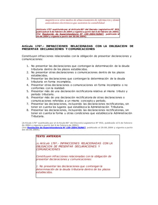magnéticosu otros medios de almacenamiento de información y demás
antecedentes electrónicos que sustenten la contabilidad.
(Artículo 175° sustituido por el Artículo 85° del Decreto Legislativo N° 953,
publicadoel 5 de febrero de 2004 y vigente a partir del 6 de febrero de 2004).
(Ver Resolución de Superintendencia N° 159-2004/SUNAT, publicada el
29.06.2004 y vigente a partir del 30.06.2004).
Artículo 176º.- INFRACCIONES RELACIONADAS CON LA OBLIGACION DE
PRESENTAR DECLARACIONES Y COMUNICACIONES
Constituyen infracciones relacionadas con la obligación de presentar declaraciones y
comunicaciones:
1. No presentar las declaraciones que contengan la determinación de la deuda
tributaria dentro de los plazos establecidos.
2. No presentar otras declaraciones o comunicaciones dentro de los plazos
establecidos.
3. Presentar las declaraciones que contengan la determinación de la deuda
tributaria en forma incompleta.
4. Presentar otras declaraciones o comunicaciones en forma incompleta o no
conformes con la realidad.
5. Presentar más de una declaración rectificatoria relativa al mismo tributo y
período tributario.
6. Presentar más de una declaración rectificatoria de otras declaraciones o
comunicaciones referidas a un mismo concepto y período.
7. Presentar las declaraciones, incluyendo las declaraciones rectificatorias, sin
tener en cuenta los lugares que establezca la Administración Tributaria.
8. Presentar las declaraciones, incluyendo las declaraciones rectificatorias, sin
tener en cuenta la forma u otras condiciones que establezca la Administración
Tributaria.
(Artículo 176° sustituido por el Artículo 86° del Decreto Legislativo N° 953, publicado el 5 de febrero
de 2004 y vigente a partir del 6 de febrero de 2004).
(Ver Resolución de Superintendencia N° 159-2004/SUNAT, publicada el 29.06.2004 y vigente a partir
del 30.06.2004).
TEXTO ANTERIOR
(8) Artículo 176º.- INFRACCIONES RELACIONADAS CON LA
OBLIGACION DE PRESENTAR DECLARACIONES Y
COMUNICACIONES
Constituyen infracciones relacionadas con la obligación de
presentar declaraciones y comunicaciones:
1. No presentar las declaraciones que contengan la
determinación de la deuda tributaria dentro de los plazos
establecidos.
 