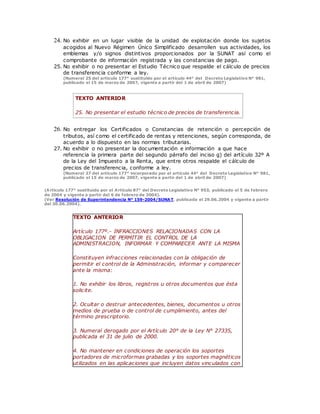 24. No exhibir en un lugar visible de la unidad de explotación donde los sujetos
acogidos al Nuevo Régimen Único Simplificado desarrollen sus actividades, los
emblemas y/o signos distintivos proporcionados por la SUNAT así como el
comprobante de información registrada y las constancias de pago.
25. No exhibir o no presentar el Estudio Técnico que respalde el cálculo de precios
de transferencia conforme a ley.
(Numeral 25 del artículo 177° sustituido por el artículo 44° del Decreto Legislativo N° 981,
publicado el 15 de marzo de 2007, vigente a partir del 1 de abril de 2007)
TEXTO ANTERIOR
25. No presentar el estudio técnico de precios de transferencia.
26. No entregar los Certificados o Constancias de retención o percepción de
tributos, así como el certificado de rentas y retenciones, según corresponda, de
acuerdo a lo dispuesto en las normas tributarias.
27. No exhibir o no presentar la documentación e información a que hace
referencia la primera parte del segundo párrafo del inciso g) del artículo 32º A
de la Ley del Impuesto a la Renta, que entre otros respalde el cálculo de
precios de transferencia, conforme a ley.
(Numeral 27 del artículo 177° incorporado por el artículo 44° del Decreto Legislativo N° 981,
publicado el 15 de marzo de 2007, vigente a partir del 1 de abril de 2007)
(Artículo 177° sustituido por el Artículo 87° del Decreto Legislativo N° 953, publicado el 5 de febrero
de 2004 y vigente a partir del 6 de febrero de 2004).
(Ver Resolución de Superintendencia N° 159-2004/SUNAT, publicada el 29.06.2004 y vigente a partir
del 30.06.2004).
TEXTO ANTERIOR
Artículo 177º.- INFRACCIONES RELACIONADAS CON LA
OBLIGACION DE PERMITIR EL CONTROL DE LA
ADMINISTRACION, INFORMAR Y COMPARECER ANTE LA MISMA
Constituyen infracciones relacionadas con la obligación de
permitir el control de la Administración, informar y comparecer
ante la misma:
1. No exhibir los libros, registros u otros documentos que ésta
solicite.
2. Ocultar o destruir antecedentes, bienes, documentos u otros
medios de prueba o de control de cumplimiento, antes del
término prescriptorio.
3. Numeral derogado por el Artículo 20° de la Ley N° 27335,
publicada el 31 de julio de 2000.
4. No mantener en condiciones de operación los soportes
portadores de microformas grabadas y los soportes magnéticos
utilizados en las aplicaciones que incluyen datos vinculados con
 