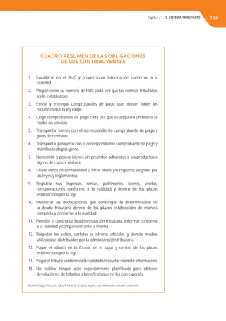 Capítulo 3. EL SISTEMA TRIBUTARIO 153
CUADRO RESUMEN DE LAS OBLIGACIONES
DE LOS CONTRIBUYENTES
1. Inscribirse en el RUC y proporcionar información conforme a la
realidad.
2. Proporcionar su número de RUC cada vez que las normas tributarias
así lo establezcan.
3. Emitir y entregar comprobantes de pago que reúnan todos los
requisitos que la ley exige.
4. Exigir comprobantes de pago cada vez que se adquiera un bien o se
reciba un servicio.
5. Transportar bienes con el correspondiente comprobante de pago y
guías de remisión.
6. Transportar pasajeros con el correspondiente comprobante de pago y
maniﬁesto de pasajeros.
7. No remitir o poseer bienes sin precintos adheridos a los productos o
signos de control visibles.
8. Llevar libros de contabilidad u otros libros y/o registros exigidos por
las leyes y reglamentos.
9. Registrar sus ingresos, rentas, patrimonio, bienes, ventas,
remuneraciones conforme a la realidad y dentro de los plazos
establecidos por la ley.
10. Presentar las declaraciones que contengan la determinación de
la deuda tributaria dentro de los plazos establecidos de manera
completa y conforme a la realidad.
11. Permitir el control de la administración tributaria, informar conforme
a la realidad y comparecer ante la misma.
12. Respetar los sellos, carteles o letreros oﬁciales y demás medios
utilizados o distribuidos por la administración tributaria.
13. Pagar el tributo en la forma, en el lugar y dentro de los plazos
establecidos por la ley.
14. Pagareltributoconformealarealidadsinocultarniomitirinformación.
15. No realizar ningún acto especialmente planiﬁcado para obtener
devoluciones de tributos o beneﬁcios que no les corresponda.
Fuente: CódigoTributario. Libro II,Título IV. Si desea ampliar esta información consulte esta fuente.
153153
 