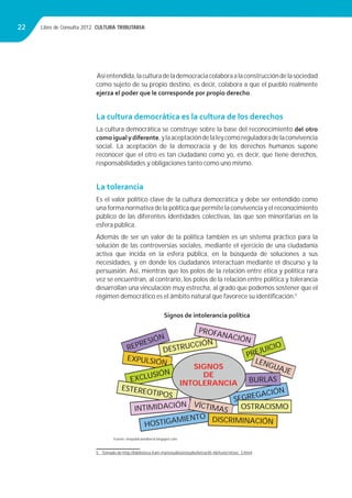 Libro de Consulta 2012. CULTURA TRIBUTARIA22
Asíentendida,laculturadelademocraciacolaboraalaconstruccióndelasociedad
como sujeto de su propio destino, es decir, colabora a que el pueblo realmente
ejerza el poder que le corresponde por propio derecho.
La cultura democrática es la cultura de los derechos
La cultura democrática se construye sobre la base del reconocimiento del otro
comoigualydiferente,ylaaceptacióndelaleycomoreguladoradelaconvivencia
social. La aceptación de la democracia y de los derechos humanos supone
reconocer que el otro es tan ciudadano como yo, es decir, que tiene derechos,
responsabilidades y obligaciones tanto como uno mismo.
La tolerancia
Es el valor político clave de la cultura democrática y debe ser entendido como
una forma normativa de la política que permite la convivencia y el reconocimiento
público de las diferentes identidades colectivas, las que son minoritarias en la
esfera pública.
Además de ser un valor de la política también es un sistema práctico para la
solución de las controversias sociales, mediante el ejercicio de una ciudadanía
activa que incida en la esfera pública, en la búsqueda de soluciones a sus
necesidades, y en donde los ciudadanos interactúan mediante el discurso y la
persuasión. Así, mientras que los polos de la relación entre ética y política rara
vez se encuentran, al contrario, los polos de la relación entre política y tolerancia
desarrollan una vinculación muy estrecha, al grado que podemos sostener que el
régimen democrático es el ámbito natural que favorece su identiﬁcación.5
Signos de intolerancia política
5 Tomado de http://biblioteca.itam.mx/estudios/estudio/letras45-46/texto14/sec_3.html
Fuente: elrepublicanoliberal.blogspot.com
REPRESIÓN
EXPULSIÓN
PREJUICIO
EXCLUSIÓN
DESTRUCCIÓN
ESTEREOTIPOS
LENGUAJE
SEGREGACIÓN
HOSTIGAMIENTO
PROFANACIÓN
INTIMIDACIÓN
BURLAS
OSTRACISMOVÍCTIMAS
SIGNOS
DE
INTOLERANCIA
DISCRIMINACIÓN
 