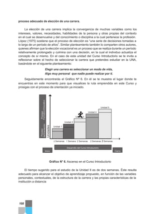 Proceso
Formativo-Educativo
Unidades
Proceso
deOrientación
proceso adecuado de elección de una carrera.
La elección de una carrera implica la convergencia de muchas variables como los
intereses, valores, necesidades, habilidades de la persona y otras propias del contexto
en el cual se desenvuelve y del conocimiento o disciplina a la cual pertenece la profesión.
López (1975) sostiene que el proceso de elección es “una serie de decisiones tomadas a
lo largo de un período de años”. Similar planteamiento también lo comparten otros autores,
quienes afirman que la elección vocacional es un proceso que se realiza durante un período
relativamente prolongado y culmina con una decisión, en la cual el individuo actualiza el
concepto de sí mismo. En el caso de esta unidad del Curso Introductorio se te invita a
reflexionar sobre el hecho de seleccionar la carrera que pretendes estudiar en la UNA,
basándote en el siguiente planteamiento:
Elegir una carrera es seleccionar un modo de vida,
Algo muy personal que nadie puede realizar por ti.
Seguidamente encontrarás el Gráfico Nº 6. En él se te muestra el lugar donde te
encuentras en este momento para que visualices la ruta emprendida en este Curso y
prosigas con el proceso de orientación ya iniciado.
Unidad 5
Unidad 4
Unidad 3
Unidad 2
Unidad 1
2 Semanas 1 Semana 2 Semanas 2 Semanas 2 Semanas
Desarrollo del Curso Introductorio
Inicio Cierre
Gráfico N° 6. Ascenso en el Curso Introductorio
El tiempo sugerido para el estudio de la Unidad II es de dos semanas. Éste resulta
adecuado para alcanzar el objetivo de aprendizaje propuesto, en función de las variables
personales, contextuales, de la estructura de la carrera y las propias características de la
institución a distancia
108
 