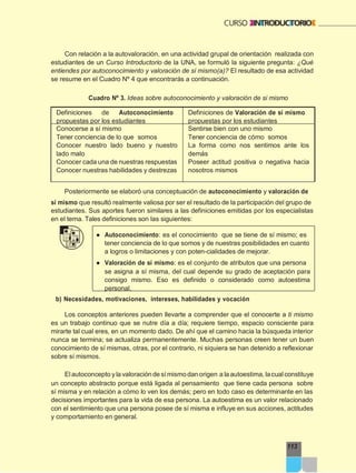 Cuadro Nº 3. Ideas sobre autoconocimiento y valoración de si mismo
Posteriormente se elaboró una conceptuación de autoconocimiento y valoración de
113
Con relación a la autovaloración, en una actividad grupal de orientación realizada con
estudiantes de un Curso Introductorio de la UNA, se formuló la siguiente pregunta: ¿Qué
entiendes por autoconocimiento y valoración de sí mismo(a)? El resultado de esa actividad
se resume en el Cuadro Nº 4 que encontrarás a continuación.
sí mismo que resultó realmente valiosa por ser el resultado de la participación del grupo de
estudiantes. Sus aportes fueron similares a las definiciones emitidas por los especialistas
en el tema. Tales definiciones son las siguientes:
● Autoconocimiento: es el conocimiento que se tiene de sí mismo; es
tener conciencia de lo que somos y de nuestras posibilidades en cuanto
a logros o limitaciones y con poten-cialidades de mejorar.
● Valoración de sí mismo: es el conjunto de atributos que una persona
se asigna a sí misma, del cual depende su grado de aceptación para
consigo mismo. Eso es definido o considerado como autoestima
personal.
b) Necesidades, motivaciones, intereses, habilidades y vocación
Los conceptos anteriores pueden llevarte a comprender que el conocerte a ti mismo
es un trabajo continuo que se nutre día a día; requiere tiempo, espacio consciente para
mirarte tal cual eres, en un momento dado. De ahí que el camino hacia la búsqueda interior
nunca se termina; se actualiza permanentemente. Muchas personas creen tener un buen
conocimiento de sí mismas, otras, por el contrario, ni siquiera se han detenido a reflexionar
sobre sí mismos.
Elautoconcepto y la valoraciónde símismodan origen a la autoestima, lacualconstituye
un concepto abstracto porque está ligada al pensamiento que tiene cada persona sobre
sí misma y en relación a cómo lo ven los demás; pero en todo caso es determinante en las
decisiones importantes para la vida de esa persona. La autoestima es un valor relacionado
con el sentimiento que una persona posee de sí misma e influye en sus acciones, actitudes
y comportamiento en general.
Definiciones de Autoconocimiento
propuestas por los estudiantes
Definiciones de Valoración de sí mismo
propuestas por los estudiantes
Conocerse a sí mismo
Tener conciencia de lo que somos
Conocer nuestro lado bueno y nuestro
lado malo
Conocer cada una de nuestras respuestas
Conocer nuestras habilidades y destrezas
Sentirse bien con uno mismo
Tener conciencia de cómo somos
La forma como nos sentimos ante los
demás
Poseer actitud positiva o negativa hacia
nosotros mismos
 